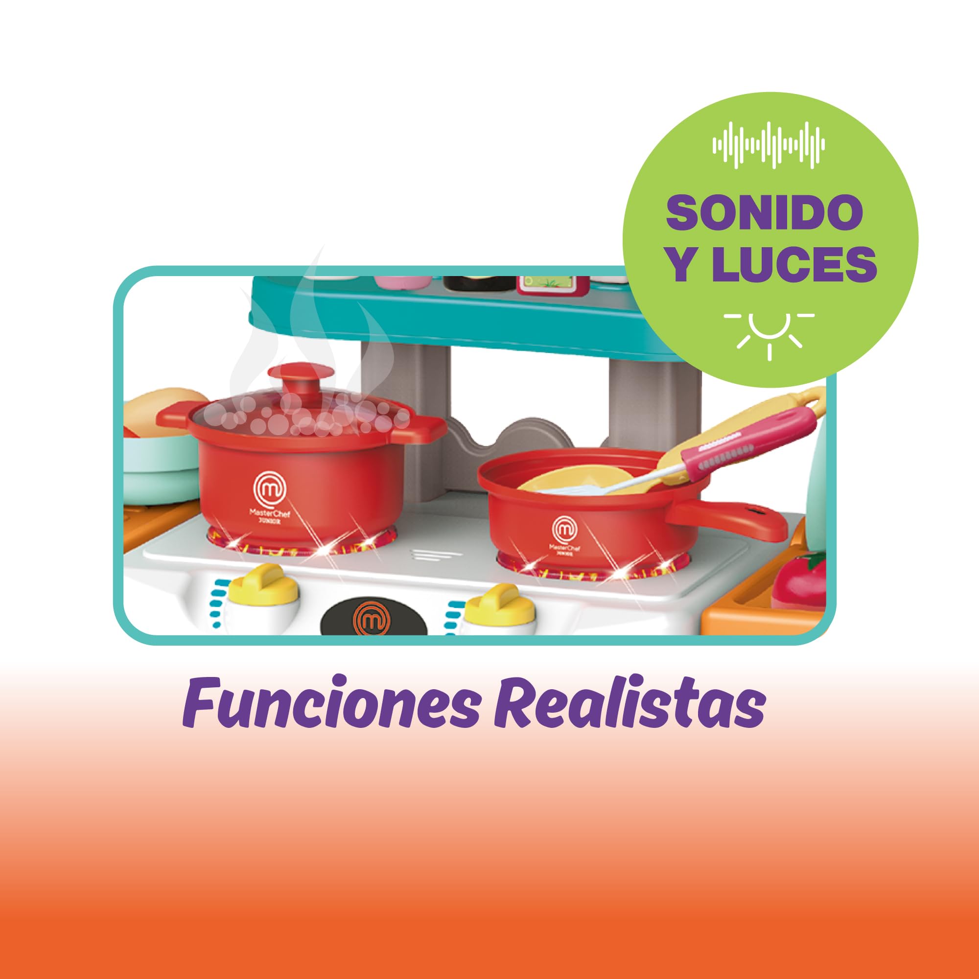 Masterchef Junior Play Kitchen - Cucina compatta con 31 accessori, luci e suoni realistici, include cibo in feltro e grembiule, facile da montare, funziona con 3 batterie AA, Famosa (MTE01000)