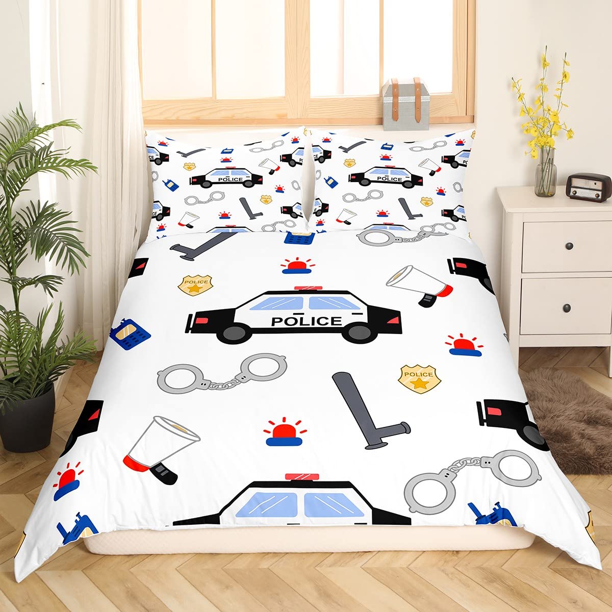 Kids Cartoon Car Quilt Set Queen – Police, Ambulance, Helicopter Print, With 2 Pillowcases