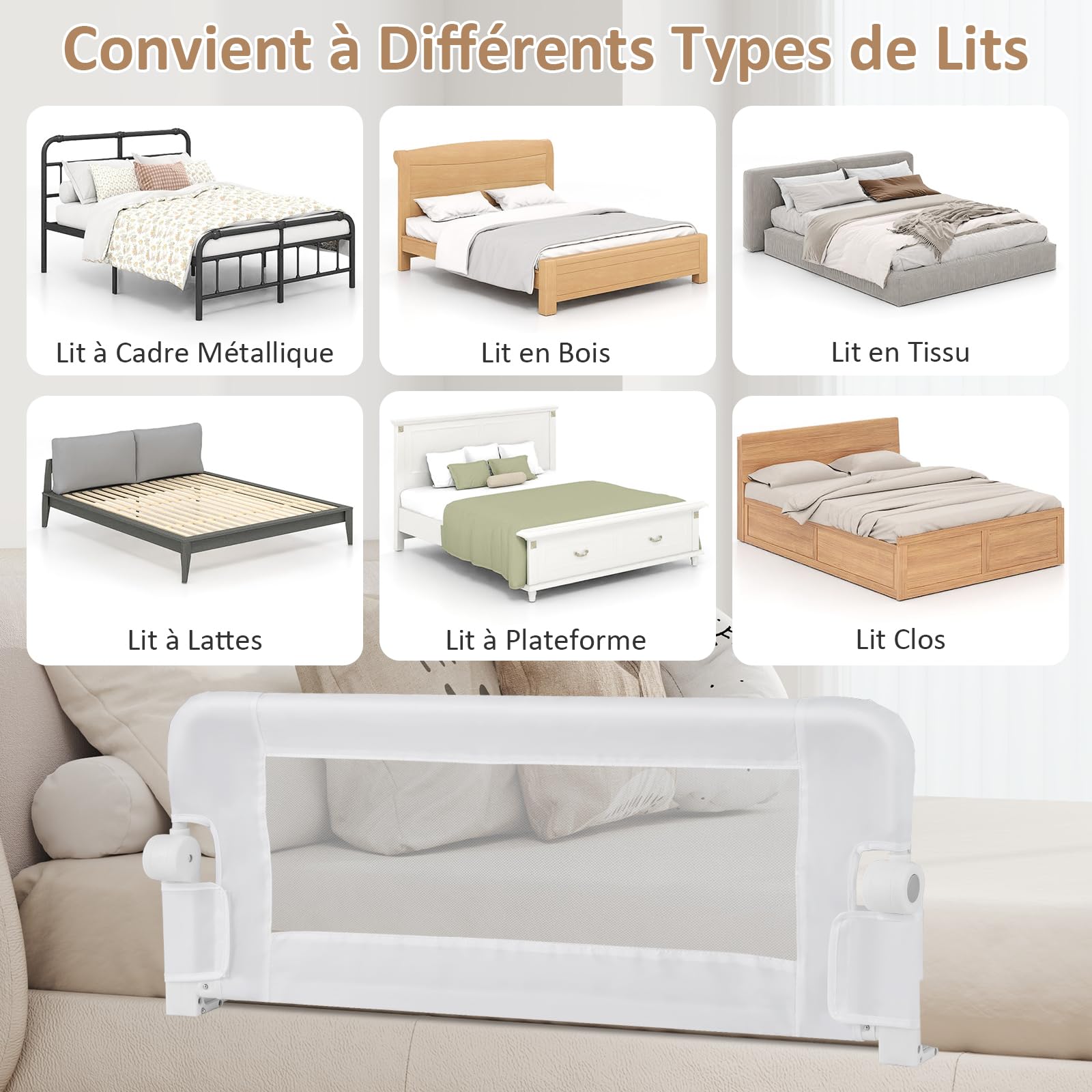 DREAMADE Barrière de Lit Pliable pour Bébé, Barrière de Protection pour Bord de Lit, Rail de Lit Protection pour Enfants, 105CM/120CM/150CMX40CMX42CM, Blanc/Gris/Bleu (Blanc, 105 CM)