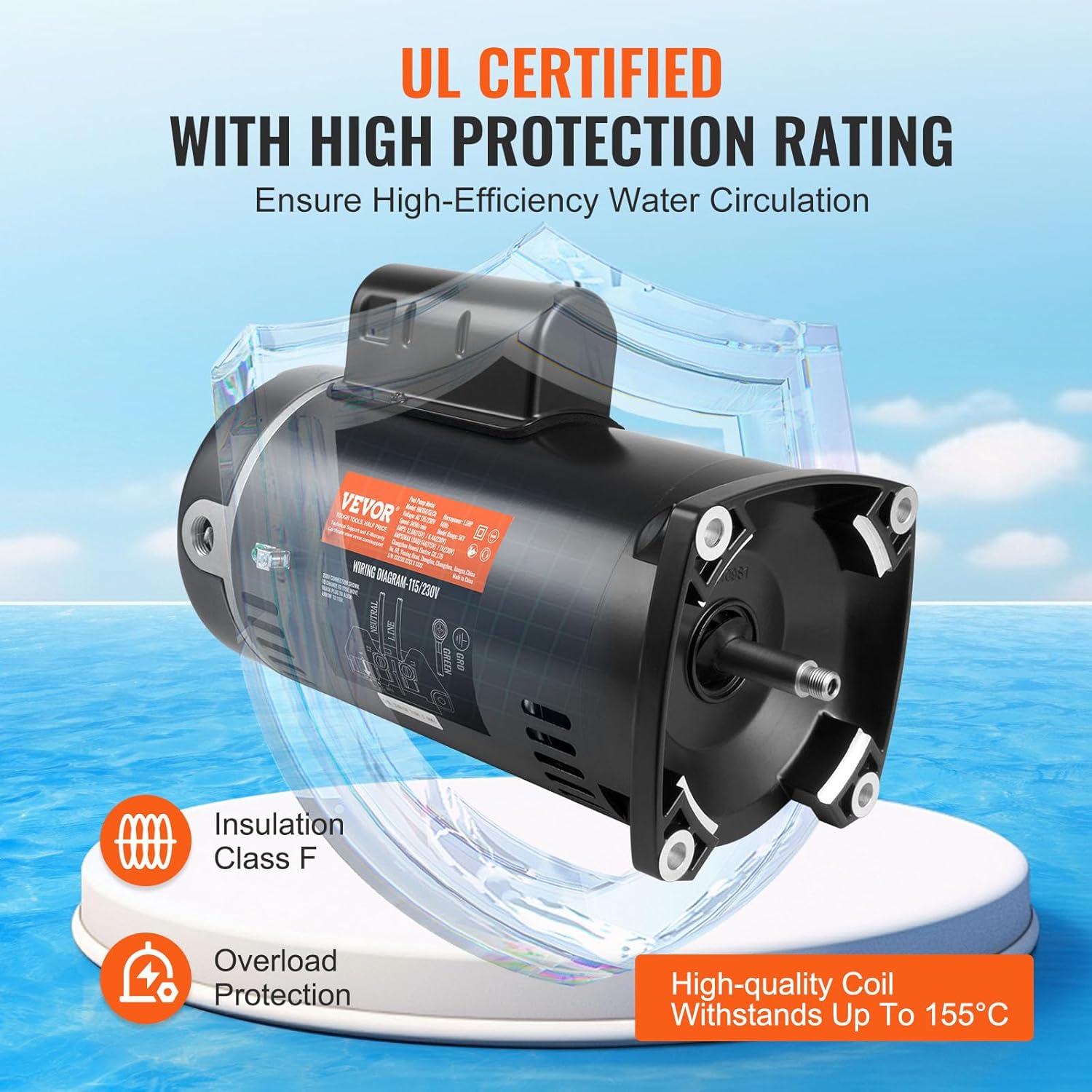 VEVOR 1.5 HP Pool Pump Motor, 56Y Frame, 115V((12.8 Amps))/230V(6.4 Amps) 3450 RPM, 60Hz, 1.1 Service Factor, 90μF/250V Capacitor, CCW Rotation Square Flange Replacement Motor