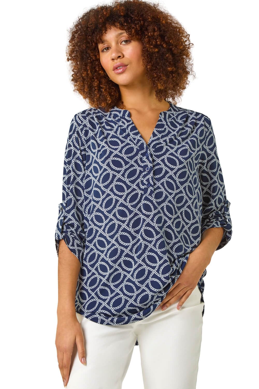 Roman Women's Navy Textured Abstract Print Shirt In Size 10