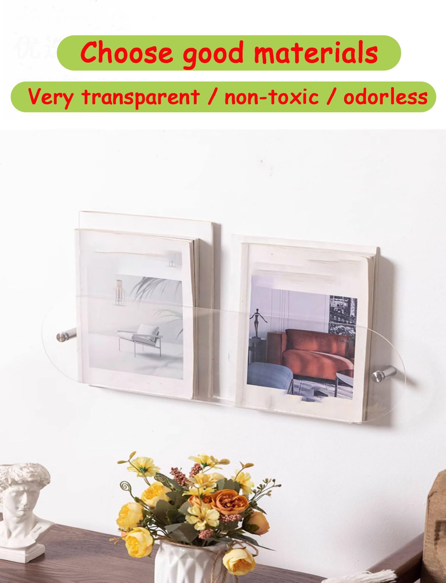 Portariviste da parete in acrilico, libreria galleggiante e espositore for brochure, organizer trasparente for il soggiorno dell'ufficio domestico(Grey,100X15X3.5cm)