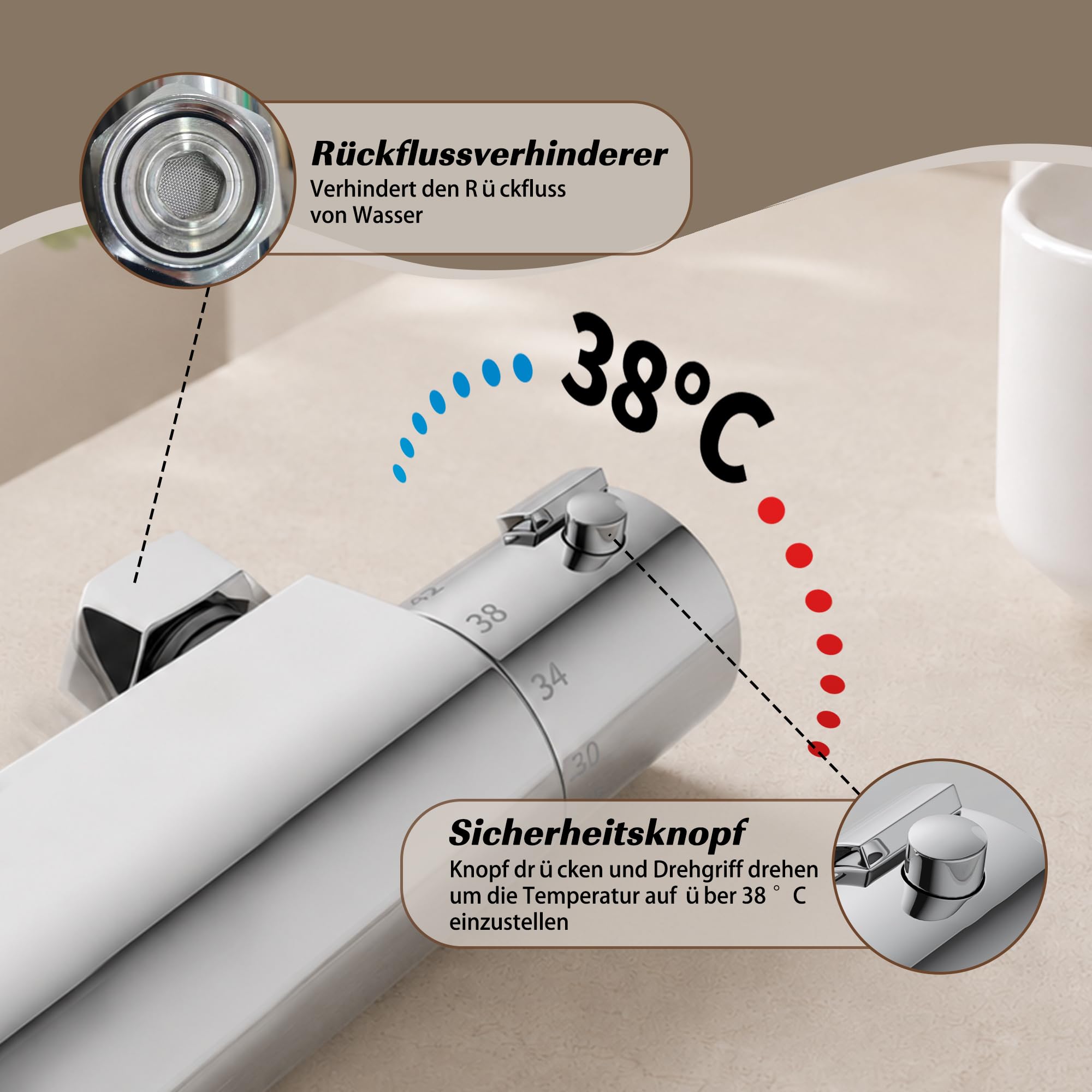 MORADO Thermostatischer Badewannenmischer, Wandmontage, Thermostat-Duscharmatur, Badewannenarmaturen mit 38 °C Sicherheitsschutz, Verbrühungsschutz, seitlicher Auslass, Badewannenauslauf, Chrom
