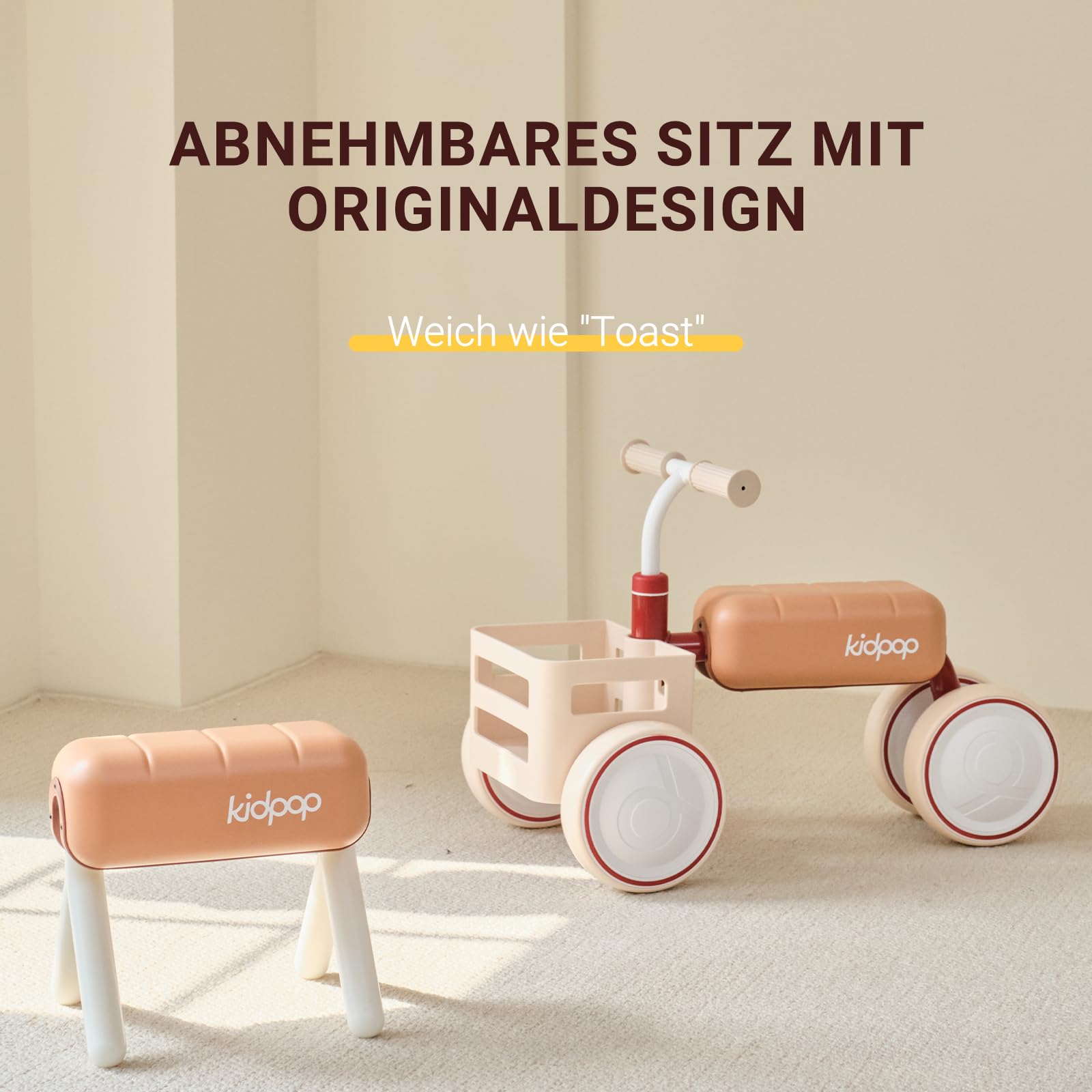 kidpop Toast Balance Bike, Baby-Lauflernhilfe, wandelbarer Schieber, Anti-Kipp-Dreieckrahmen, Abnehmbarer Sitz, Lebensmittel-sicherer Korb, Geschenke für Babys von 10 bis 36 Monaten,Beige | Roller, ausklappbar, abnehmbarer Sitz, dreieckiger Rahmen, sturzs