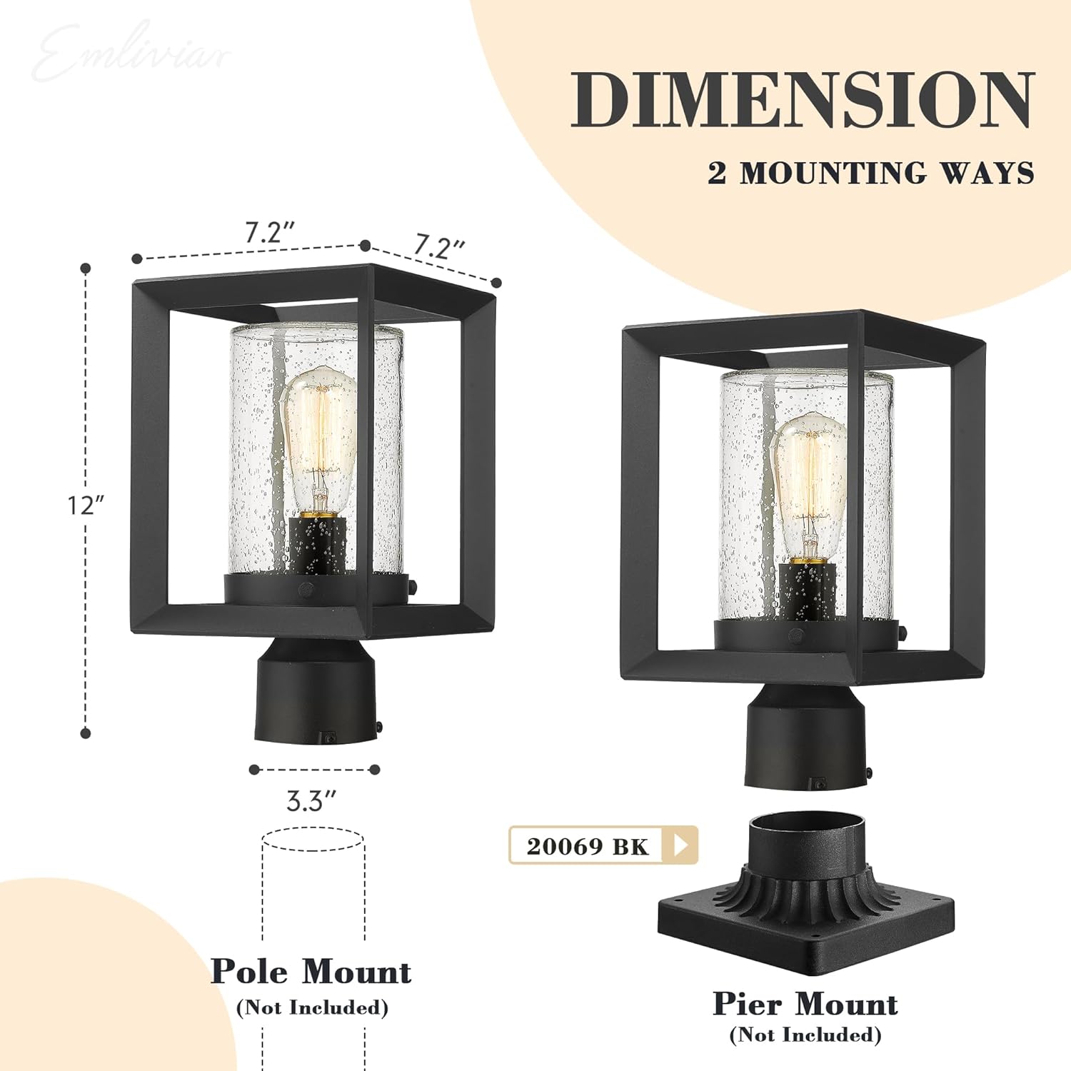 Emliviar Post Lights Outdoor Fixture, 1-Light Lamp Post Lantern, Black Finish, Seeded Glass, 2083P BK
