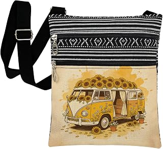 Yellow Sunflower Hippie Camper Van Print Crossbody Bag for Women Men Adjustable Strap Zipper Closure Retro Sling Bag Daisy Floral Purse Birthday Holiday Present for Her Friend Sister