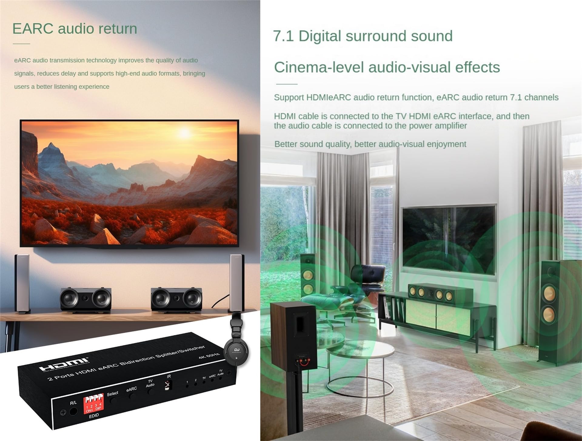 Estrattore audio HDMI eARC, 2/4 porte bidirezionale HDMI eARC Audio estrattore 4K 60Hz HDMI Toslink SPDIF COAXIAL 5.1CH Switch Audio HDMI & convertitore Splitter (2 porte HDMI)