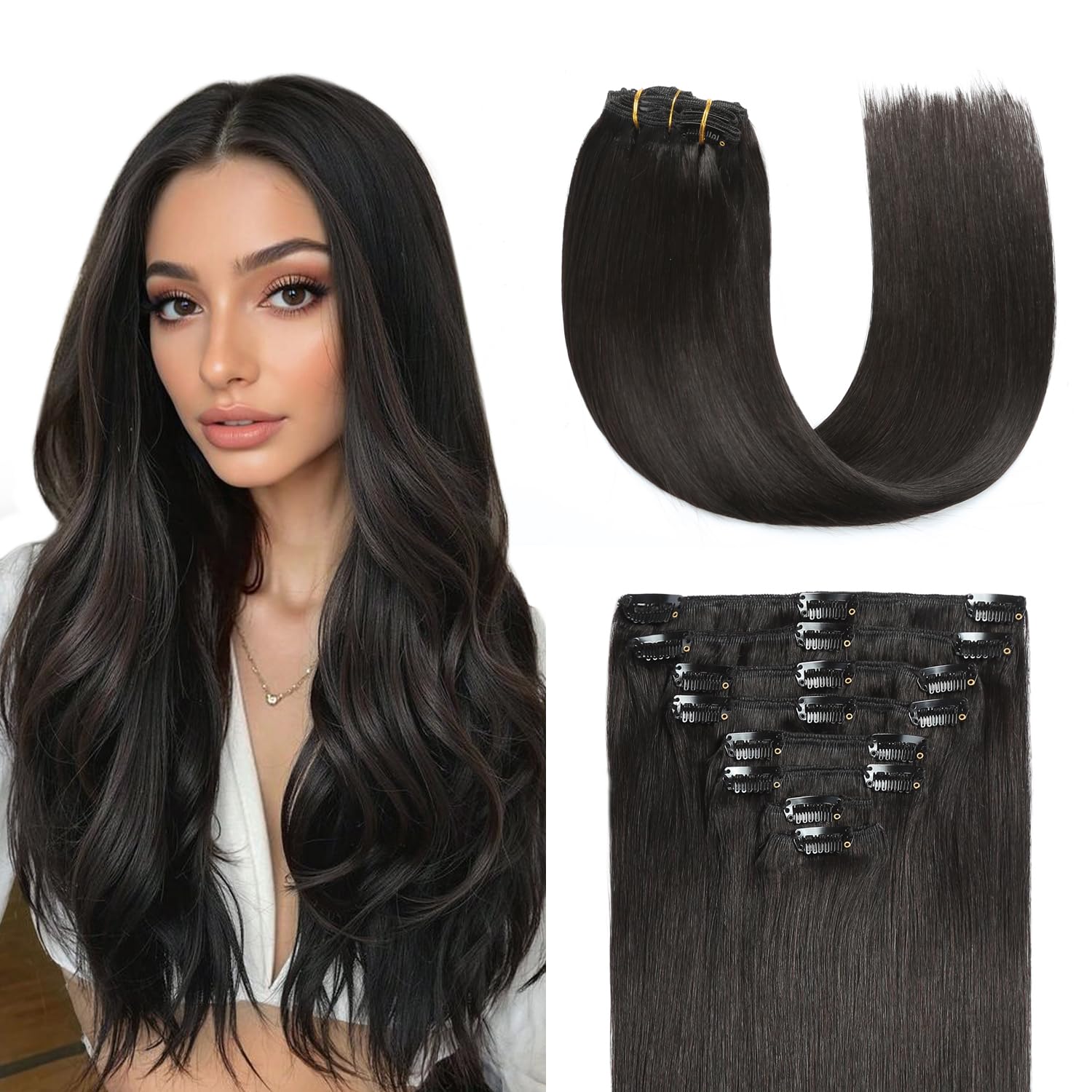 Sunya Clip in Hair Extensions Real Human Hair Natural Black Human Hair Clip in Extensions Double Weft Human Hair Clip ins Straight Hair Extensions