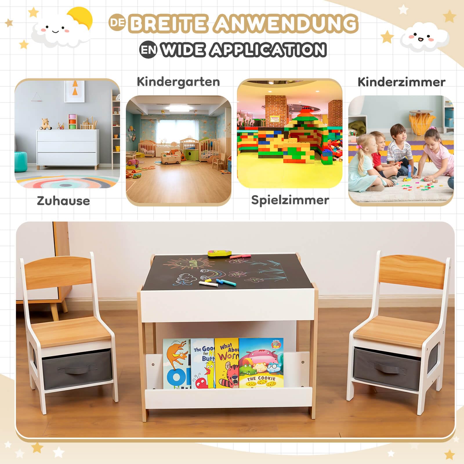 Yorbay Kindertisch mit 2 Stühle, Kindermöbel Set aus Holz mit Stauraum und Bücherregalen, 3 in 1 Maltisch & Aktivitätstisch & Tafeltisch, Kinderzimmer, Spielzimmer, Vorschüler (Natur)