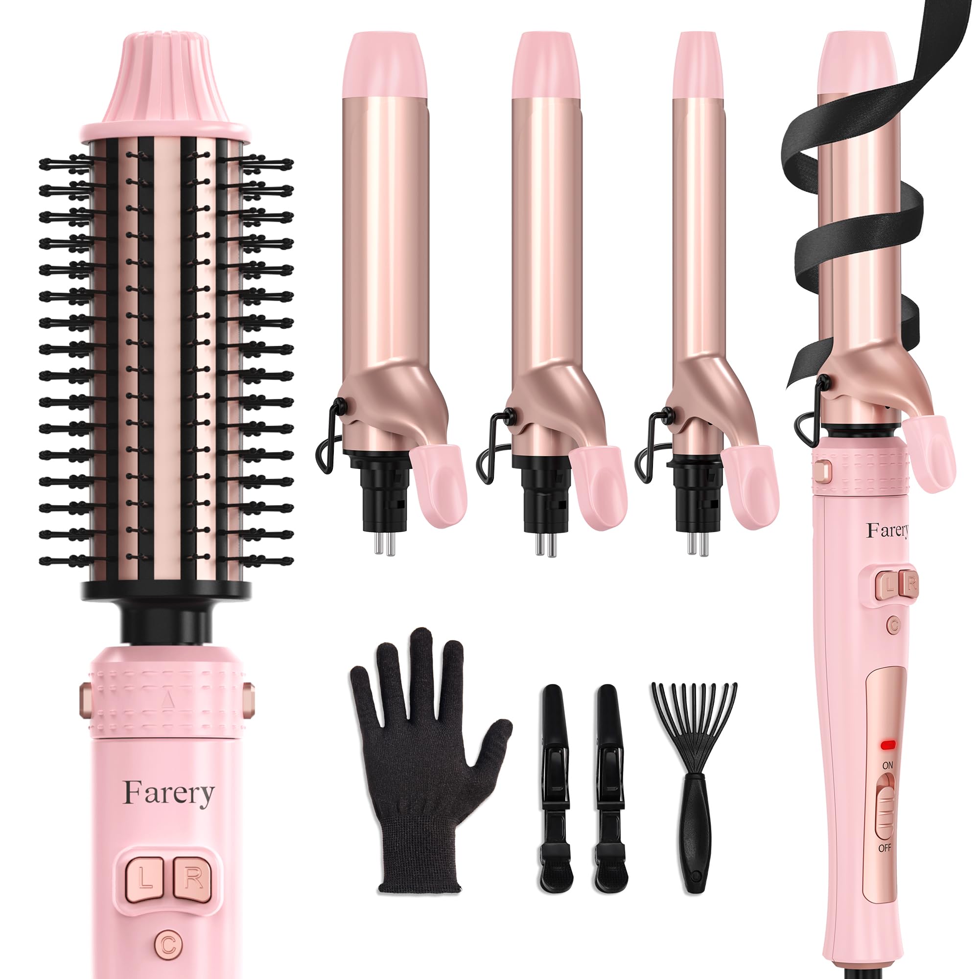 Farery 4-in-1 Interchangeable Automatic Rotating Curling Iron & Thermal Brush Set, 0.75''/1''/1.25'' Curling Iron & 1.5'' Heating Round Curling Brush,