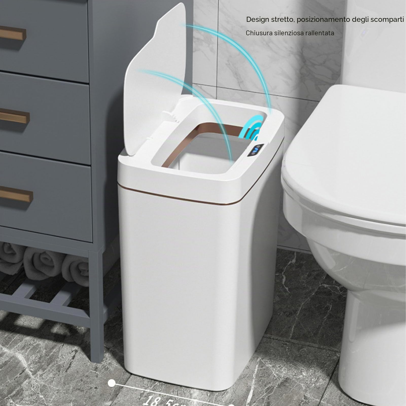 Pattumiera Intelligente da 18 Litri, Pattumiera con Sensore di Movimento a Batteria - Pattumiera da Bagno Bianca con Coperchio - a Tenuta Stagna Ed Elegante