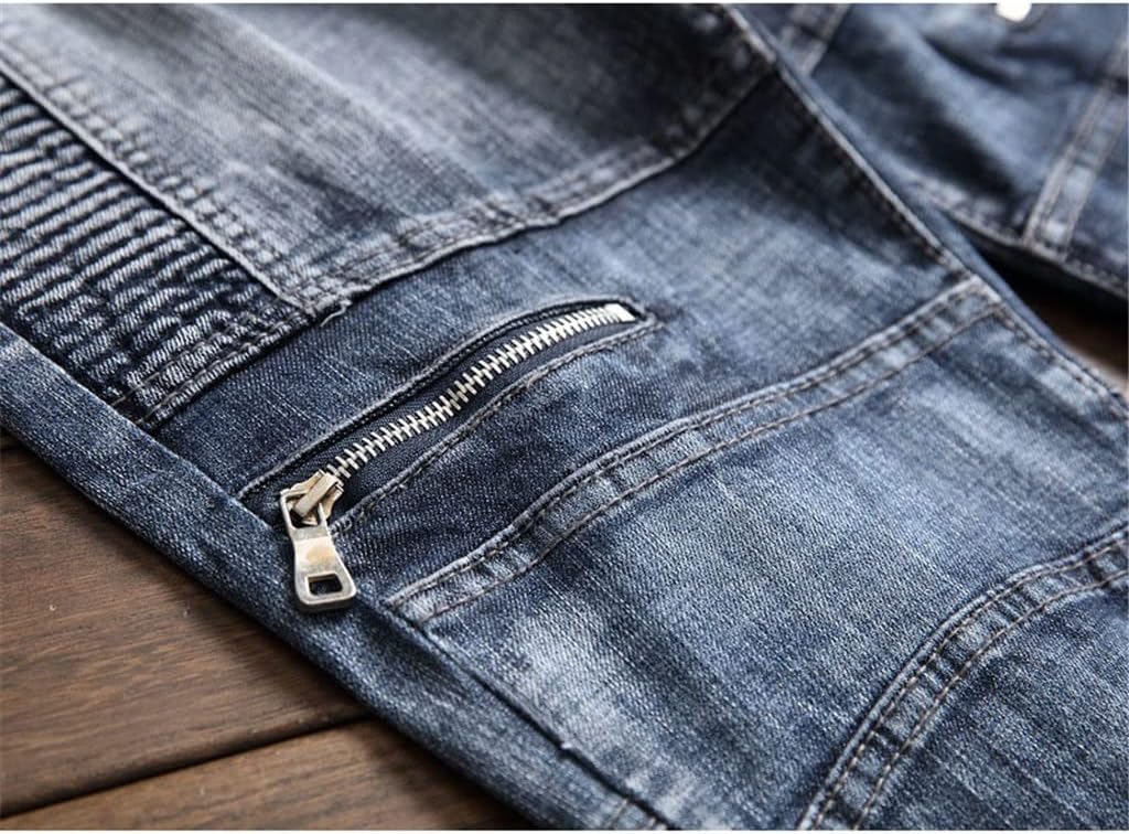 Men's Zippers Biker Jeans Gradient Patchwork Slim Fit Denim Pants for Male Casual Trousers