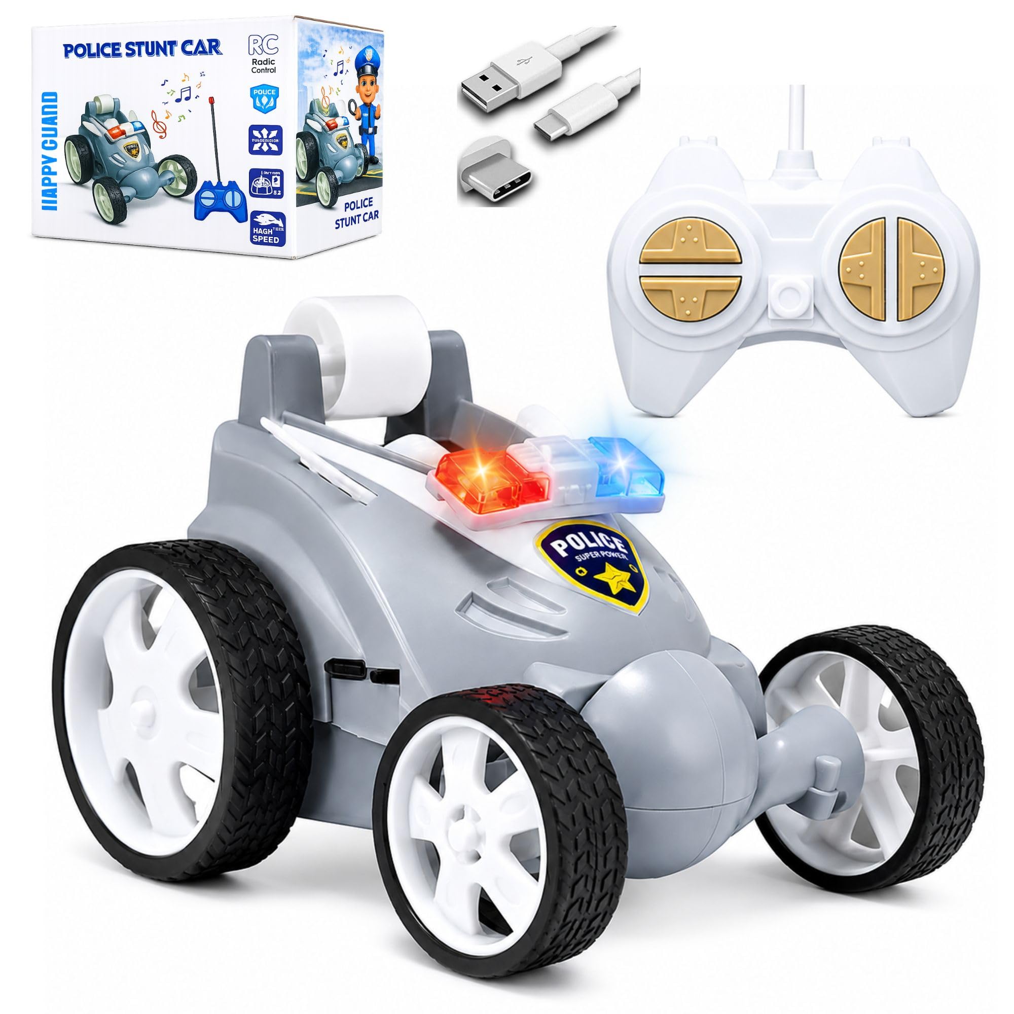 Remote Control Police Car Toy, Grey and White, LED Lights, All-Terrain RC Vehicle with Rubber Wheels, Kids Racing Car-picture-50