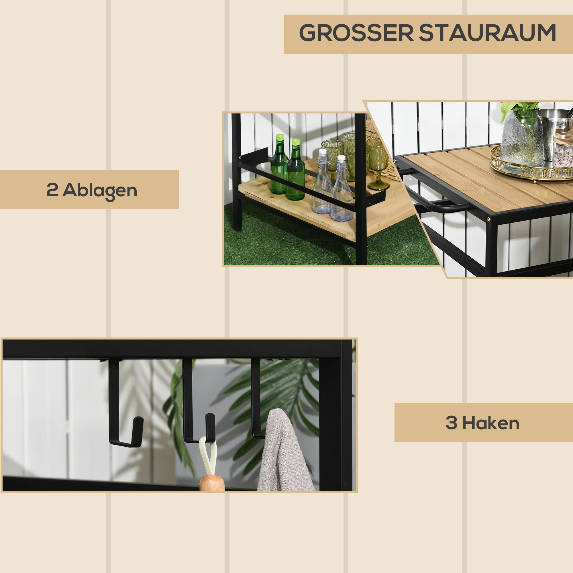 Outsunny Servierwagen, Gartenrollwagen mit Haken, Barbecue Trolley mit 2 Regalen, Outdoor Multifunktionstisch mit Rollen, für Garten, Balkon, 107 x 65 x 80cm, Natur