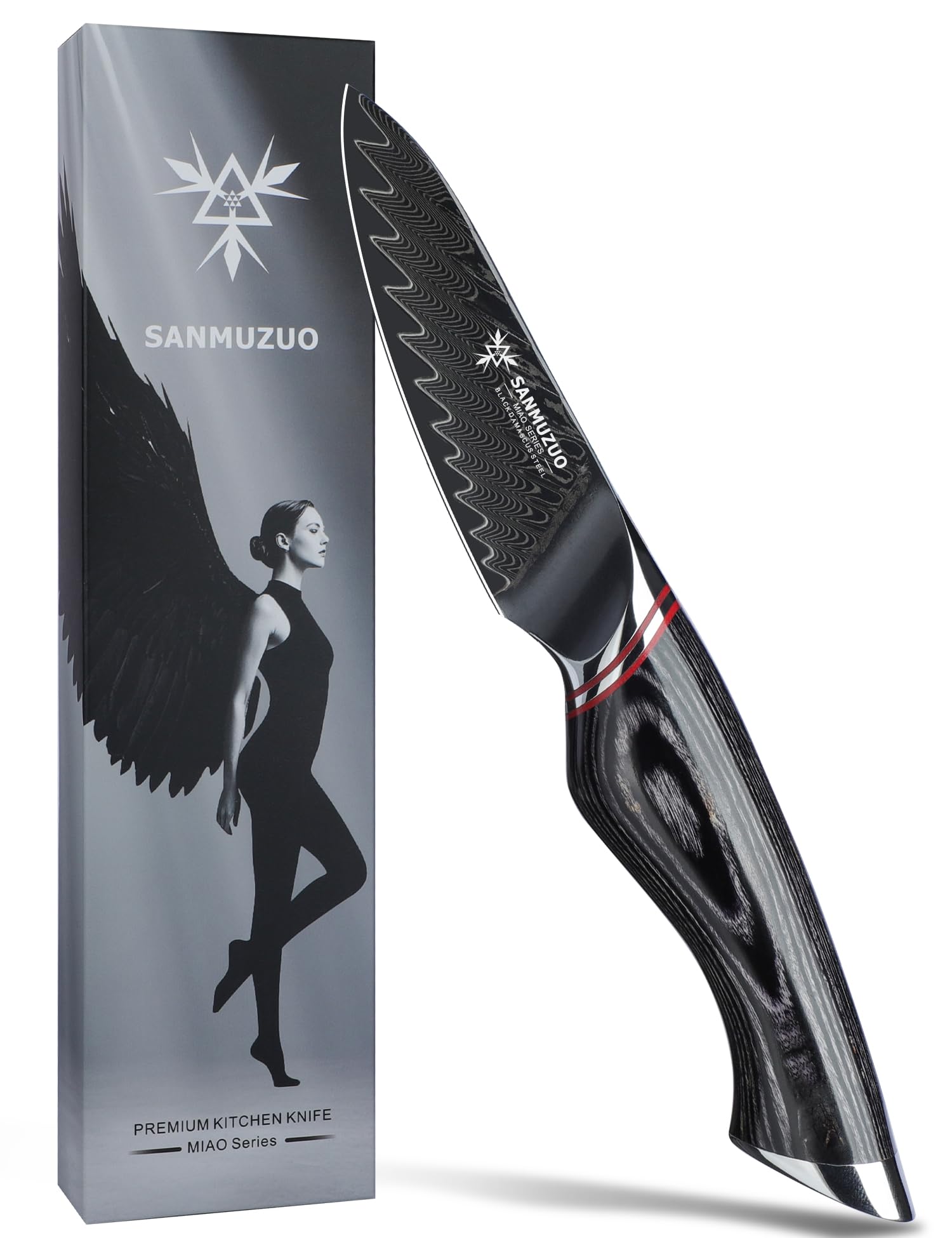 8,9 cm Schälmesser – Obst- und Gemüseschälmesser, Schwarzer Damaststahl mit ergonomischem Griff – Miao Serie