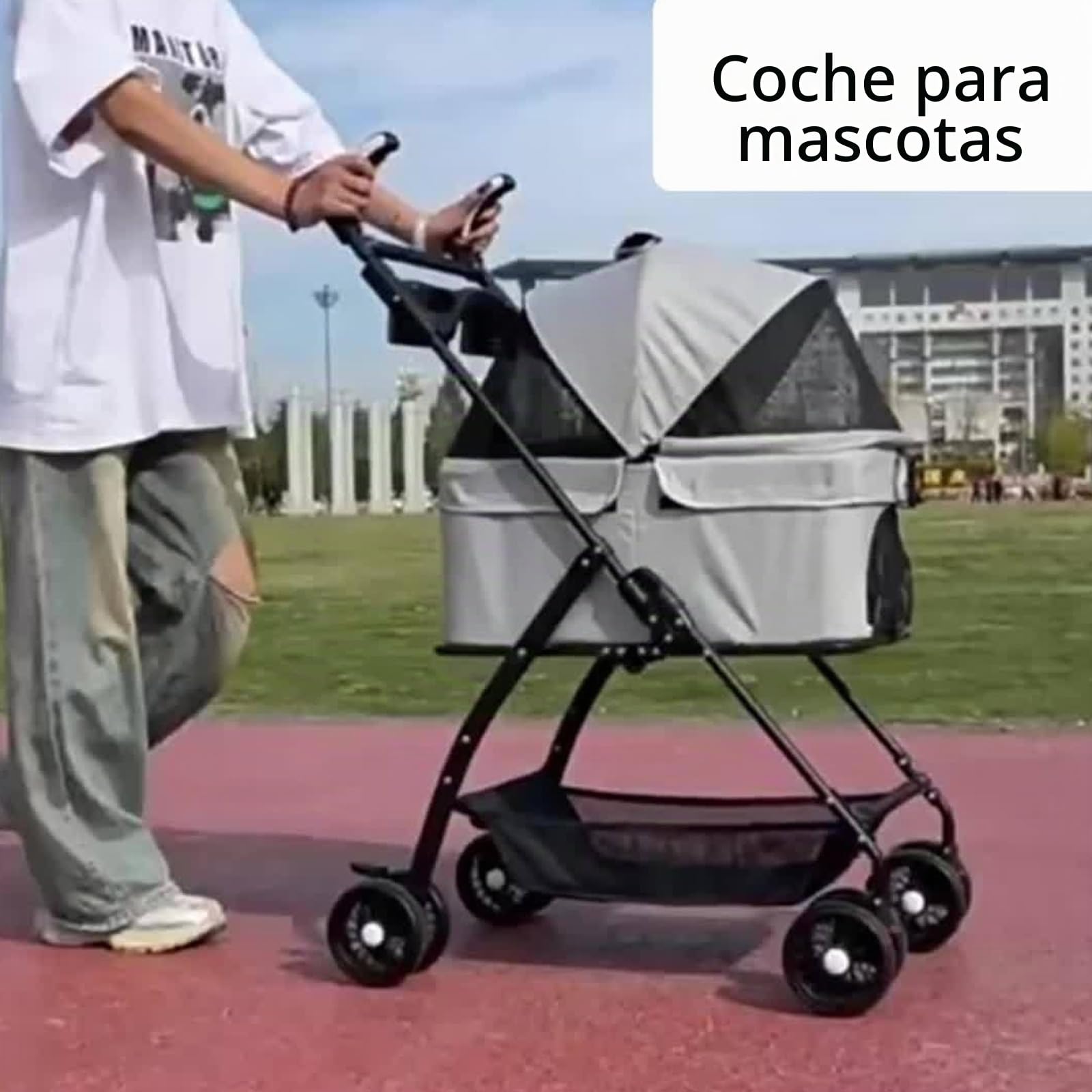 Cochecito para perros 2 en 1 plegable hasta 20 kg, carrito para gatos, carrito plegable con caja de transporte extraíble, carrito para gatos pequeños y gatos, ventana de red, cesta de almacenamiento