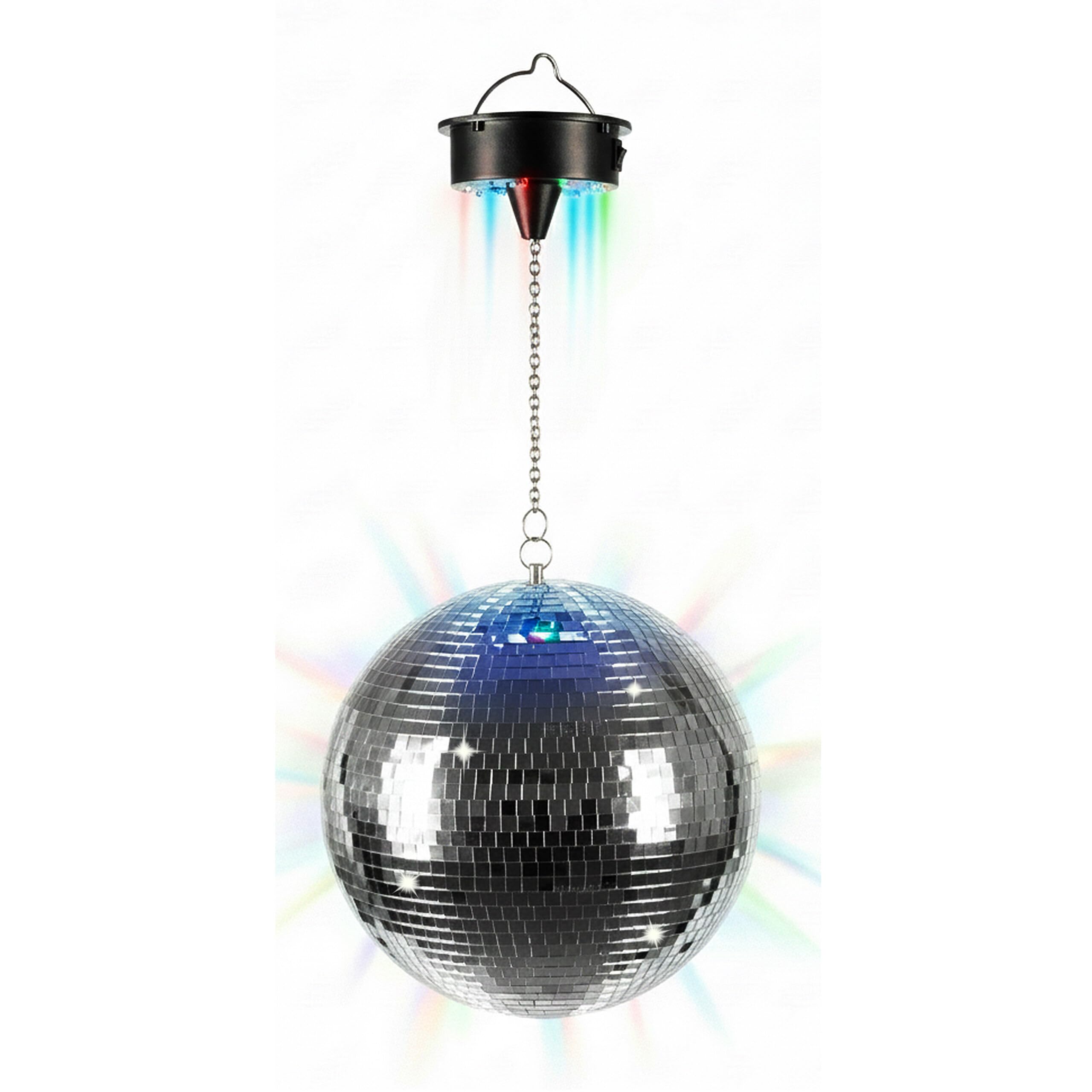 Relaxdays Discokugel, rotierend, Ø 40 cm, Silber | Spiegelkugel mit Motor & LED Lichteffekten, batteriebetrieben, Party