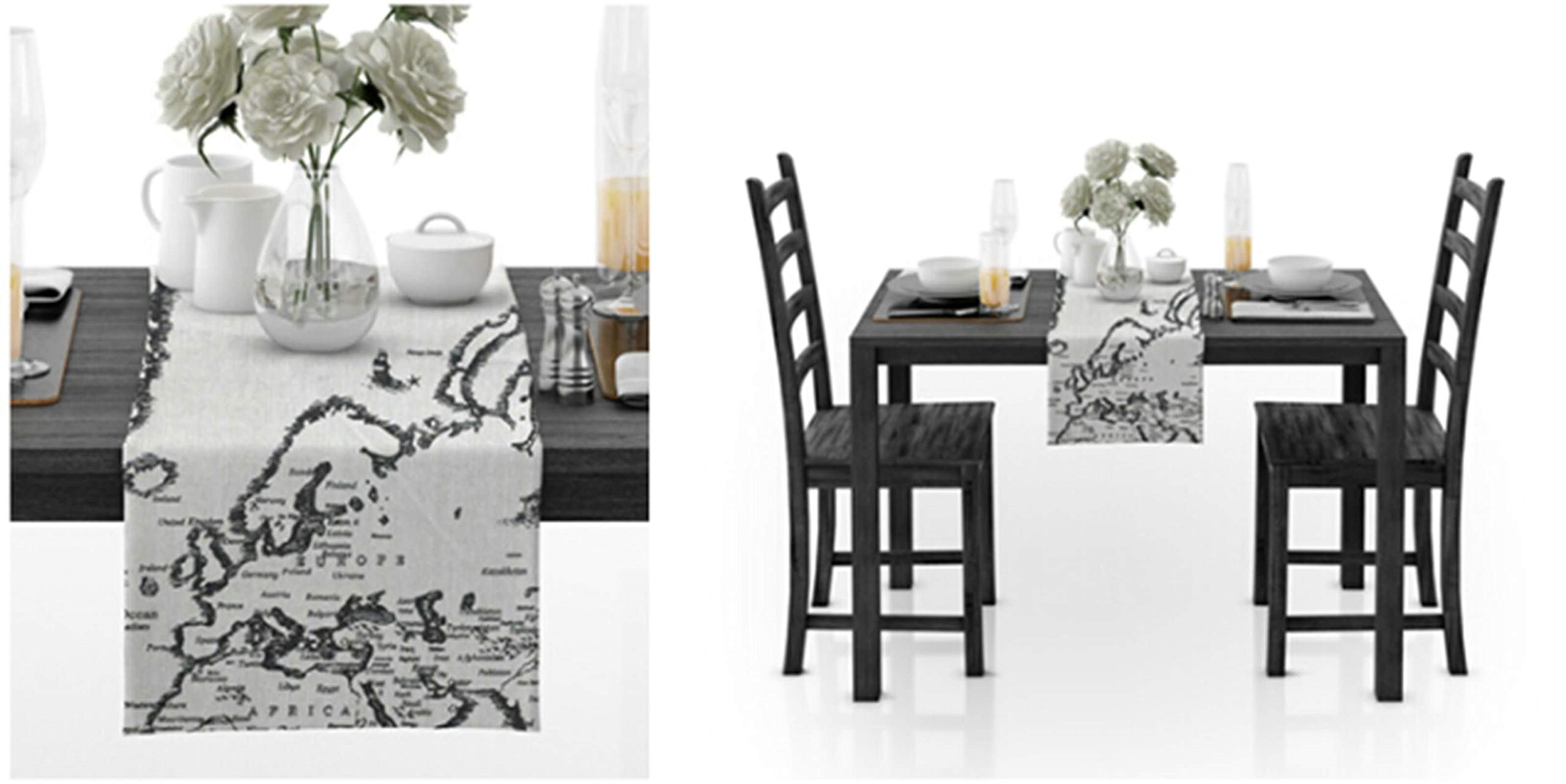 Aeici Camino de mesa de algodón lavable con patrón de mapa, camino de mesa de comedor, decoración de 30 x 188 cm, camino de mesa de café para sala de estar, gris y negro