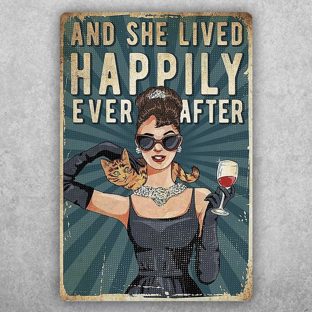 Ingzzaac Metalpostera69041 And She Lived Happily Ever After Cat Funny Vintage Metal Sign Poster 8X12 Inches