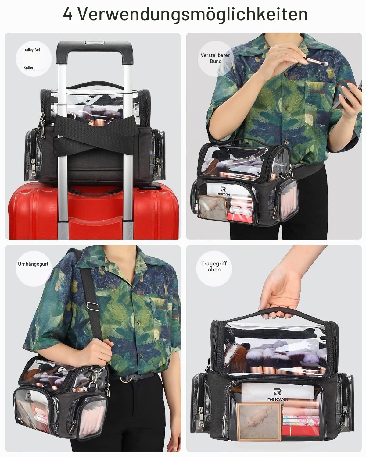 Relavel Make-up Pinsel Tasche, Portable Große Make up Pinselhalter, Professioneller Kosmetiktasche, Transparente wasserdichte Kosmetik Organizer Tasche mit Schultergurt