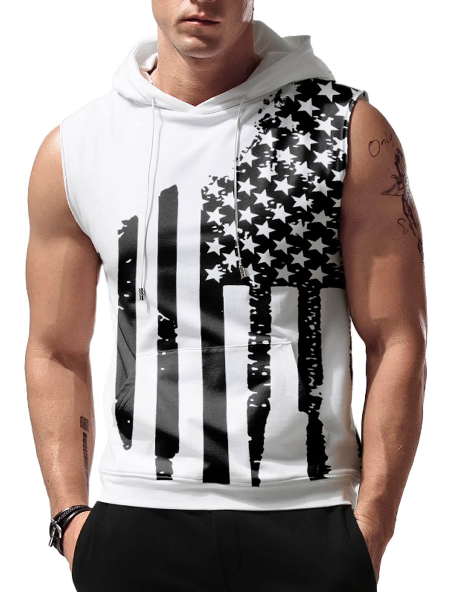 Amussiar Men's Workout Hooded Tank Tops Sleeveless Gym Training Hoodies Bodybuilding Muscle Cut Off T Shirt