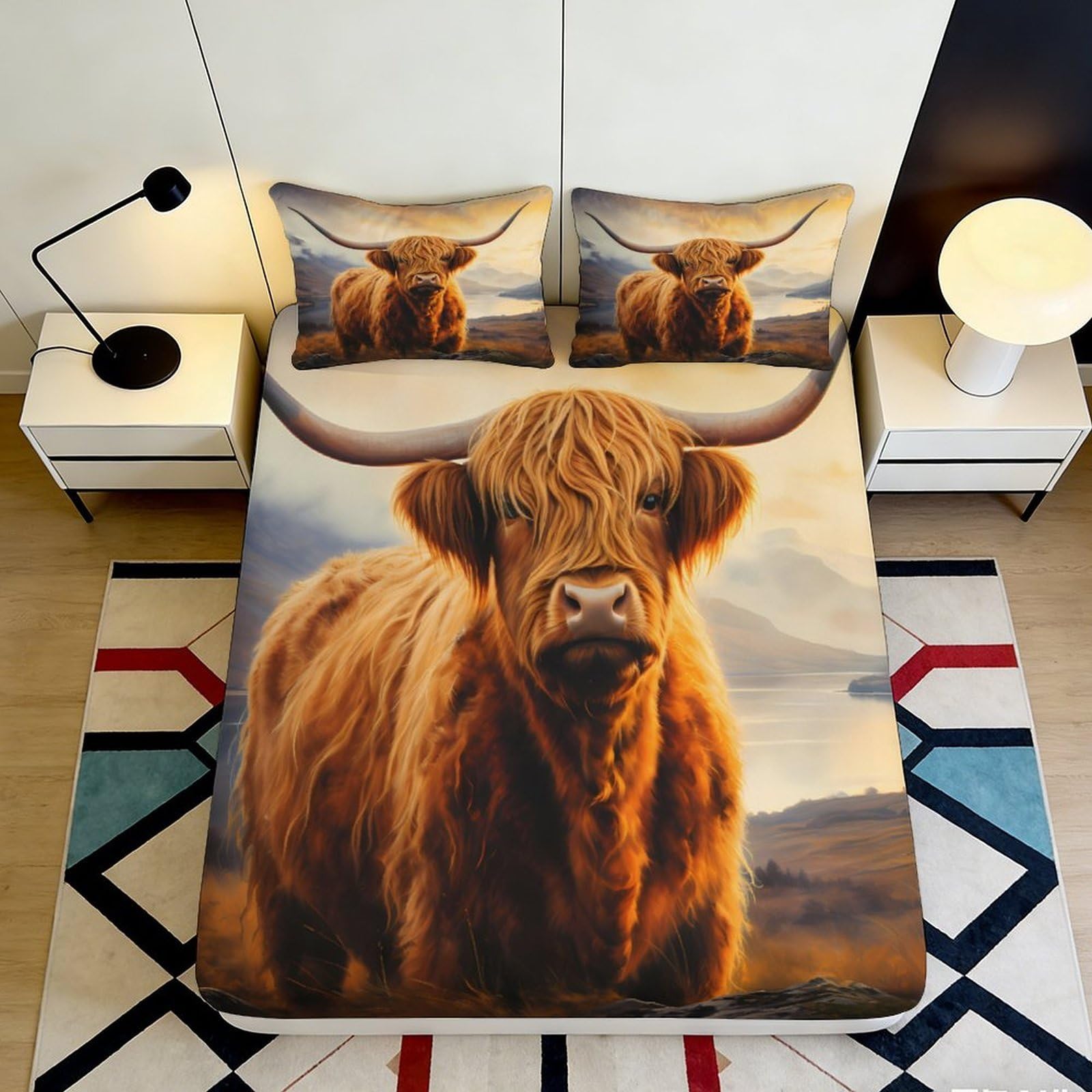 3D Printed Highland Cow Fitted Sheet Microfiber Soft Breathable Brown Cattle Mattress Cover for Bedroom Guest Room Decor 90x200x25cm