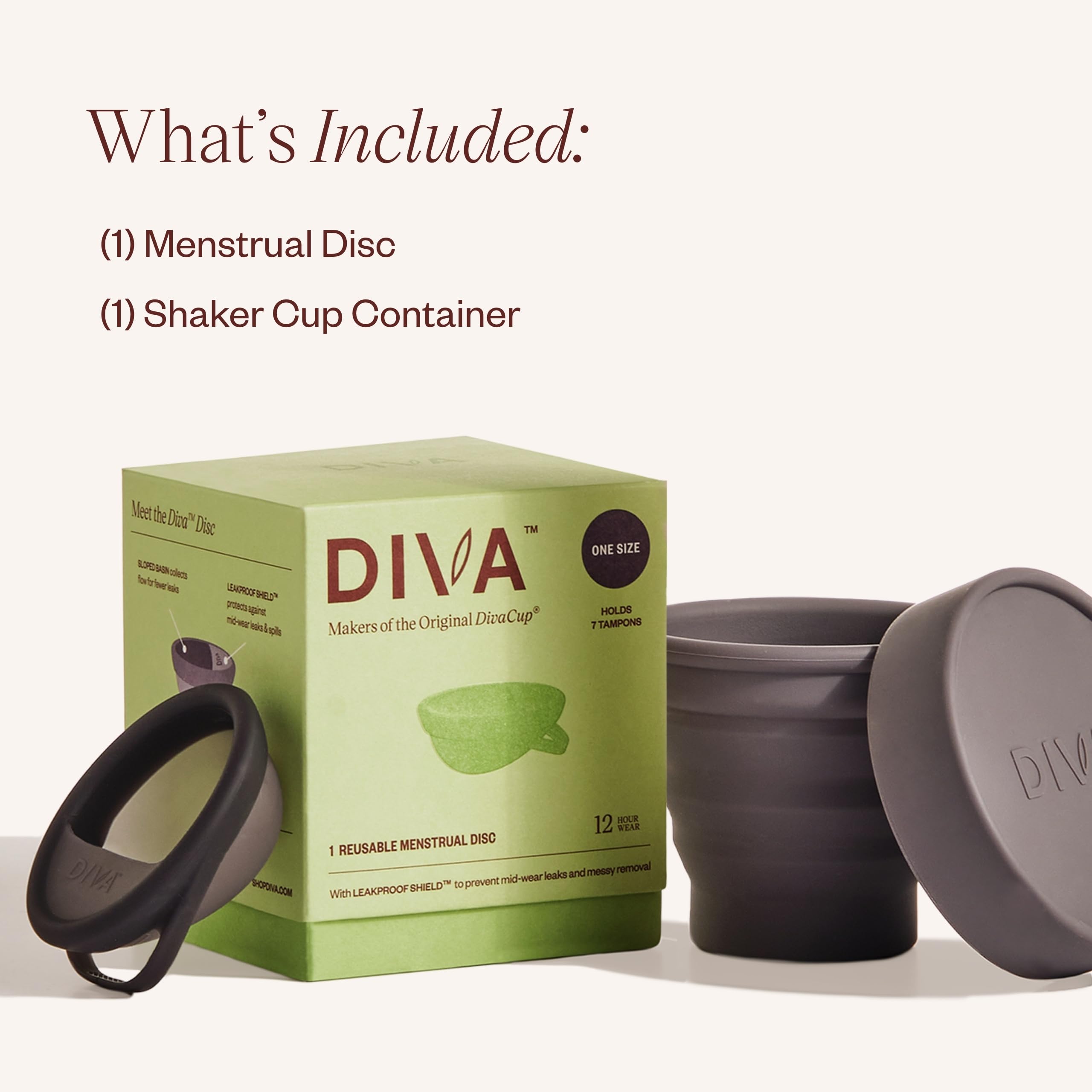 Diva Disc & Shaker - Comfortable, Reusable Menstrual Disc with Shaker for On-The-Go Cleansing - Wear Up to 12 Hours - 100% Medical Grade Silicone - Holds 7 Tampons - One Size Fits Most