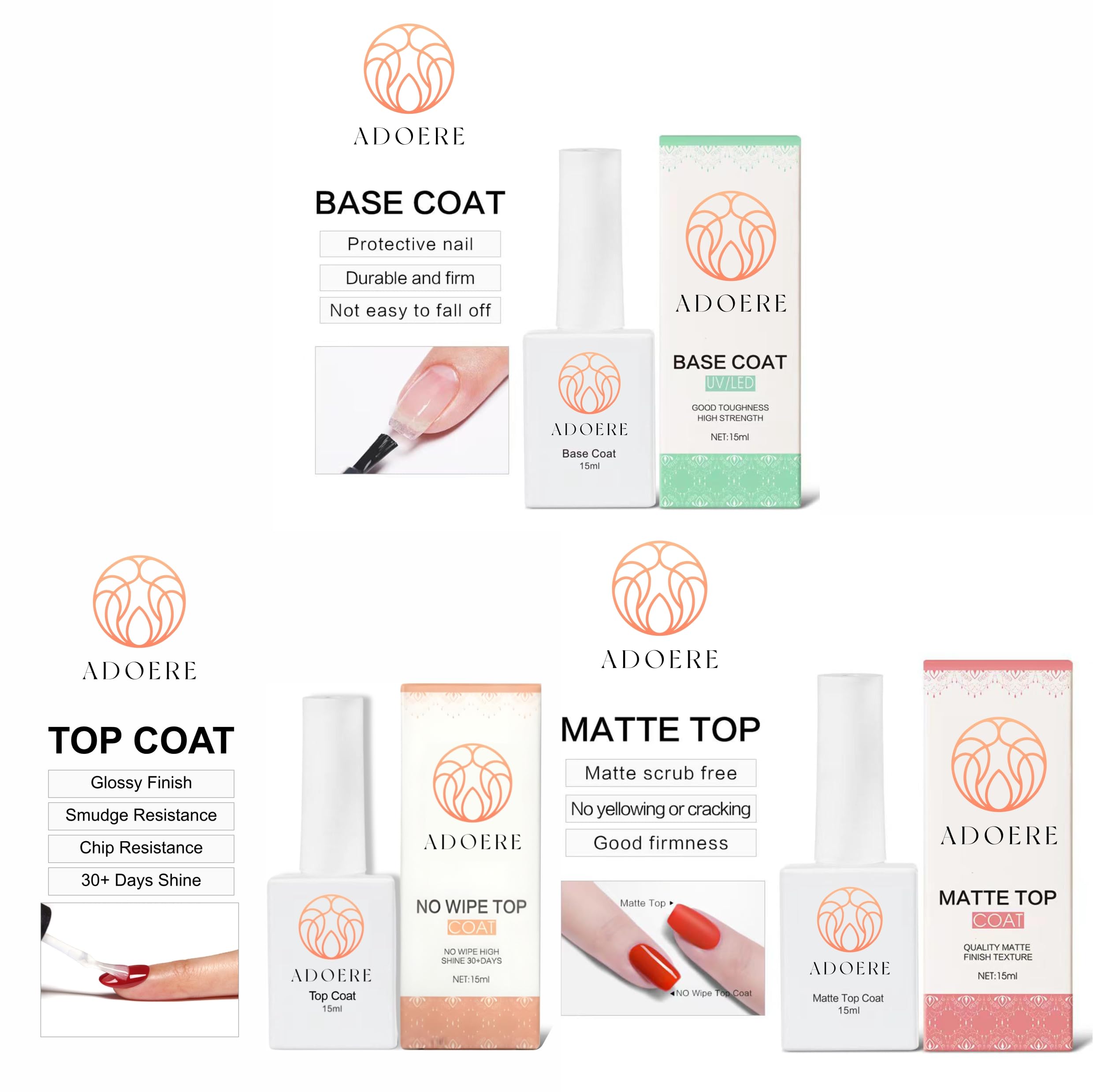 Combo Kit of UV Top Coat Glossy & Matte and Base Coat 15ml Each Pack Nail Art Design Manicure Gifts for Women, Transparent (Pack of 3)-image-44