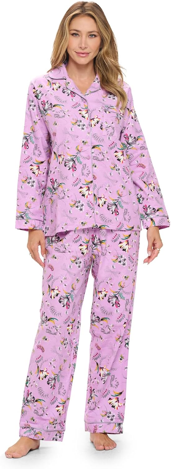 Casual Nights Women's Flannel Long Sleeve PJ's Button Down Sleepwear Pajama Set