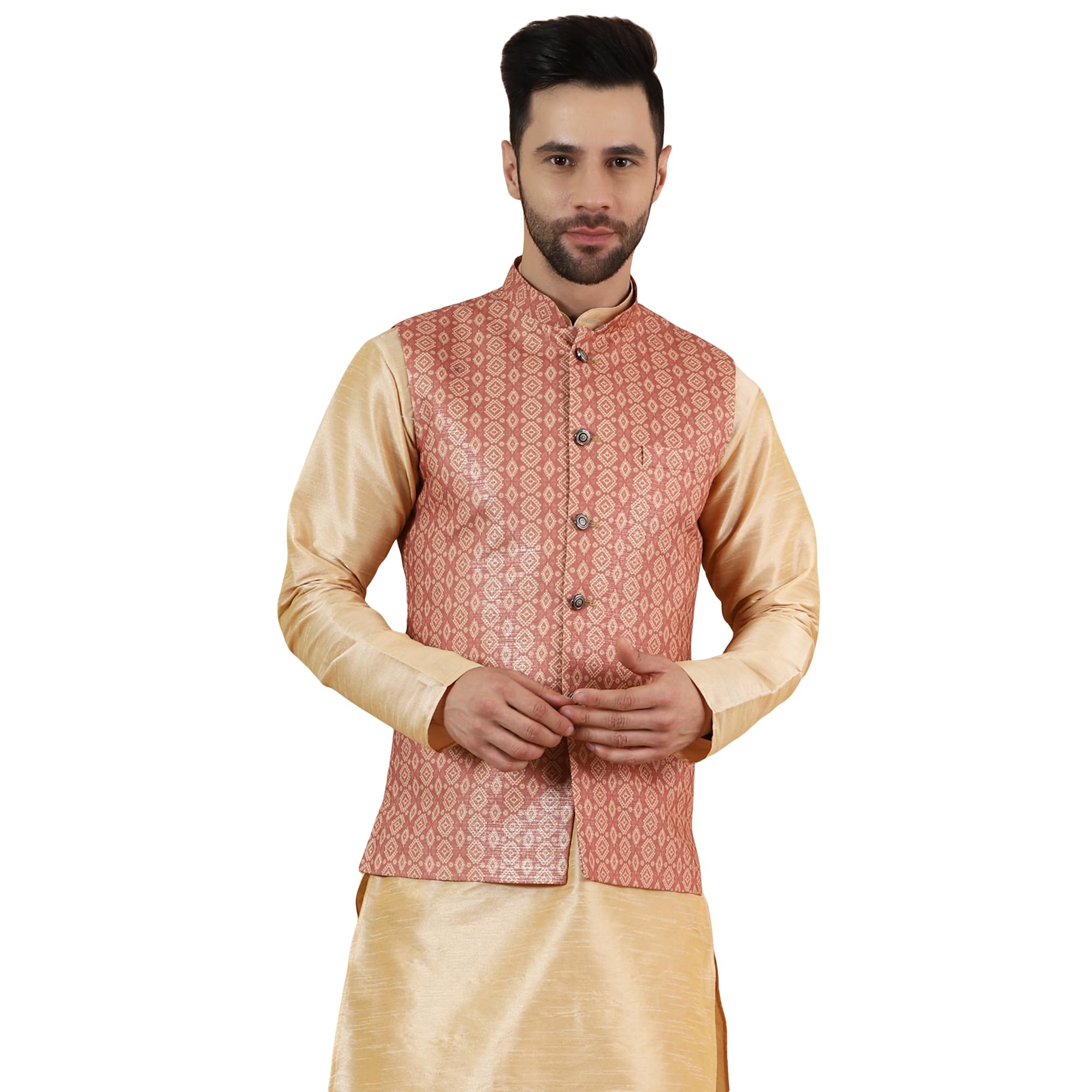 wintage Men's Digital Print Cotton Silk Pink Modi Nehru Jacket-picture-44