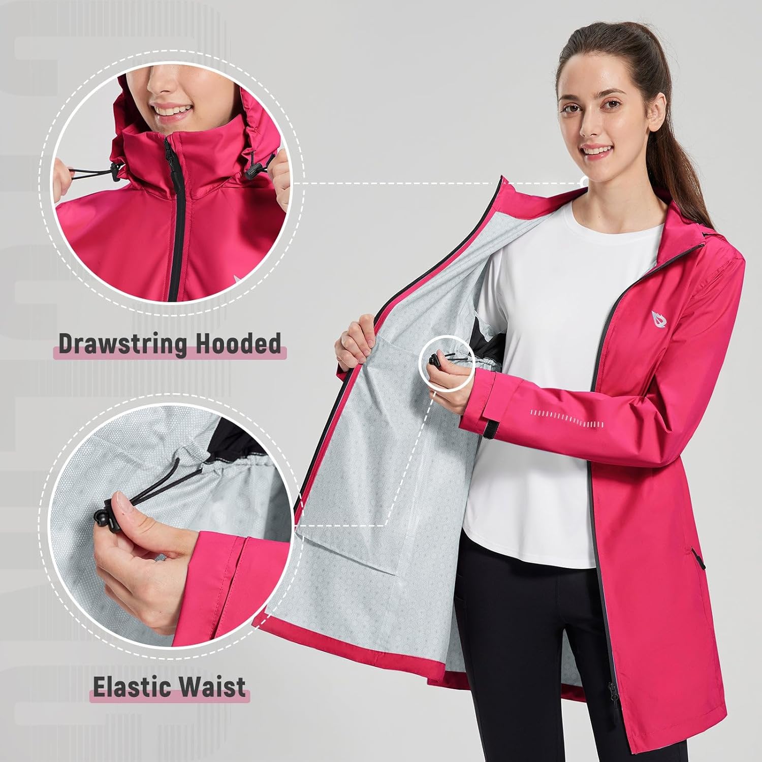baleaf Women's Long Rain Coat Packable Waterproof Windbreaker Lightweight Cycling Jacket with Hood