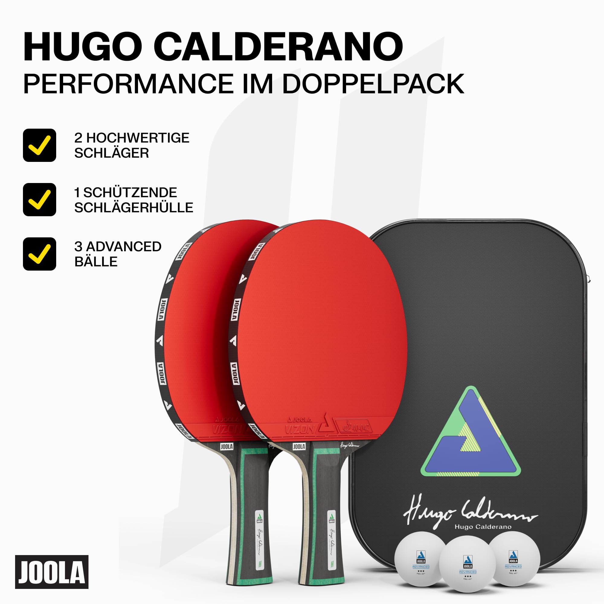 JOOLA Hugo Calderano Edge Tischtennis Set - 2 Tischtennisschläger + 3 Tischtennisbälle + Tischtennishülle - 6-teilig