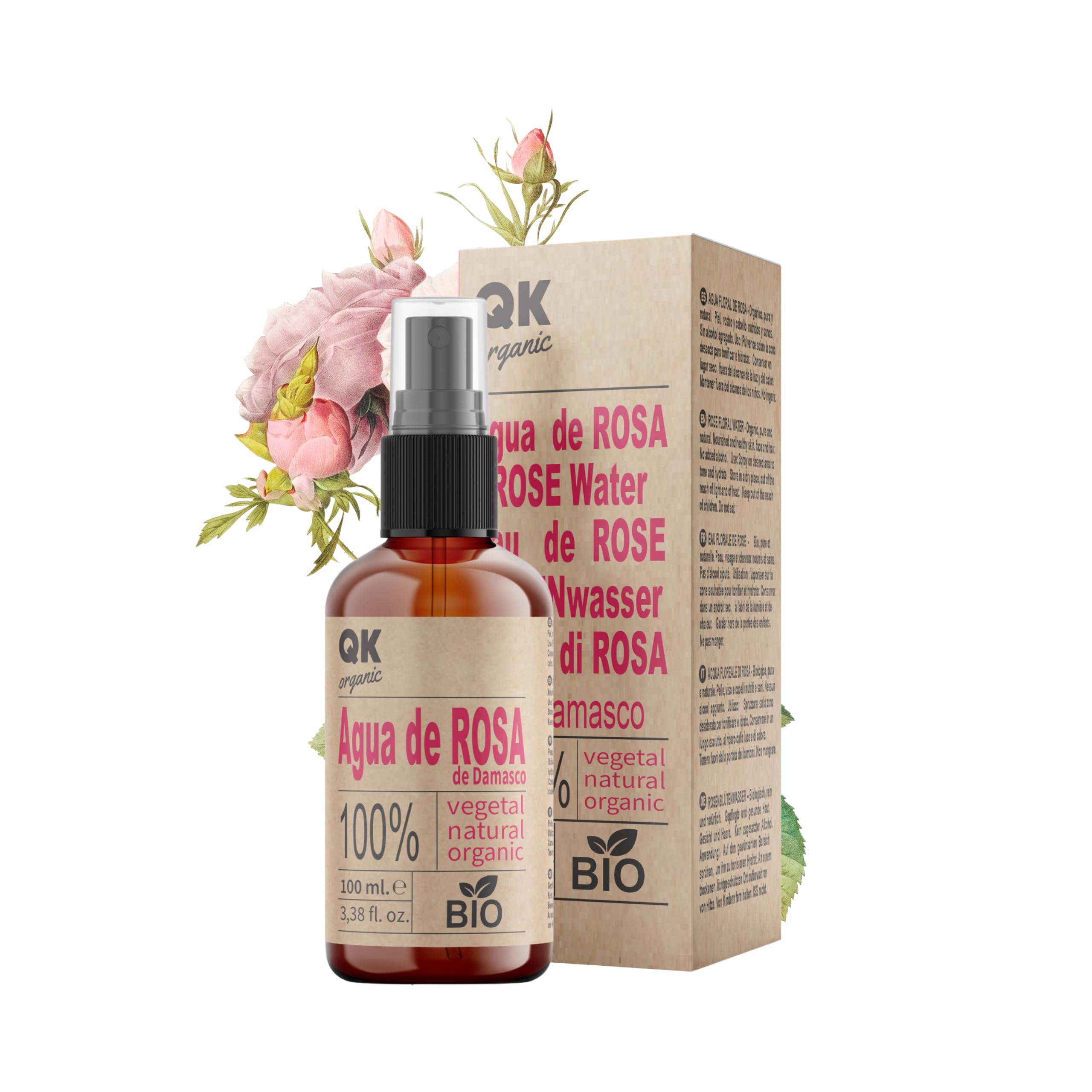 QKnatur - Agua de Rosas de Damasco Orgánica 100ml - Tónico facial 100% Puro y Natural - Rostro, Contorno de Ojos, Cuerpo, Cabello - Botella de Vidrio con Spray