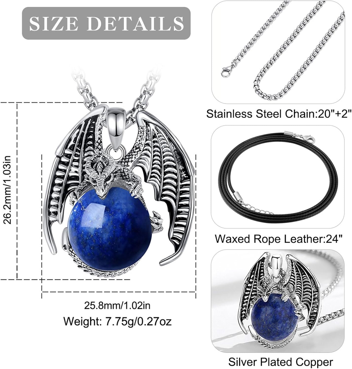 Vito Dragon Necklace for Women Men, Hexagonal Prism Obsidian/Rose Quartz/Lapis Lazuli/Amethyst/Turquoise Healing Crystal Energy Amulet Protection Jewelry Gift, 20"+2" - Image 6