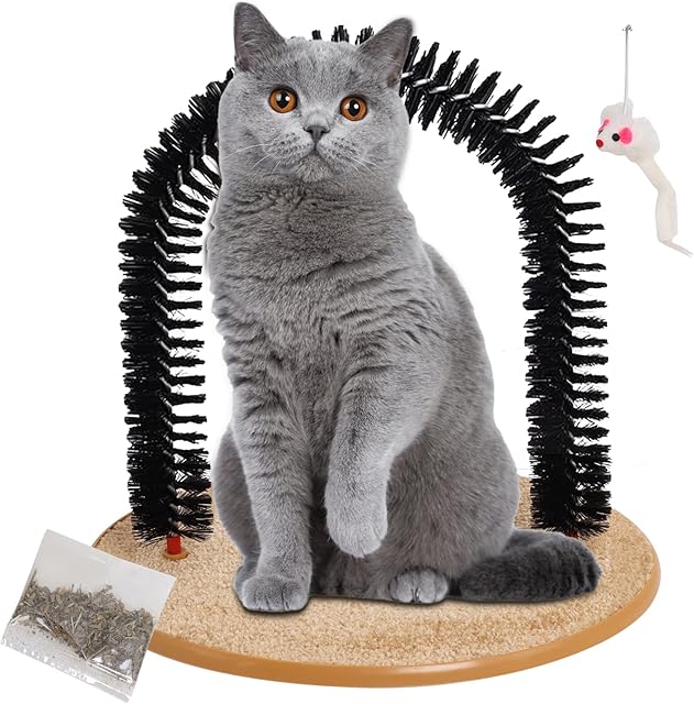 Cat Arch Self Groomer Cat Hair Brush with Artificial Mouse Toy Cat Arch Groomer Massager Cat Grooming Arch Pet Hair Massaging Brush Include Cat Scratching Pad and Catnip Gekufa