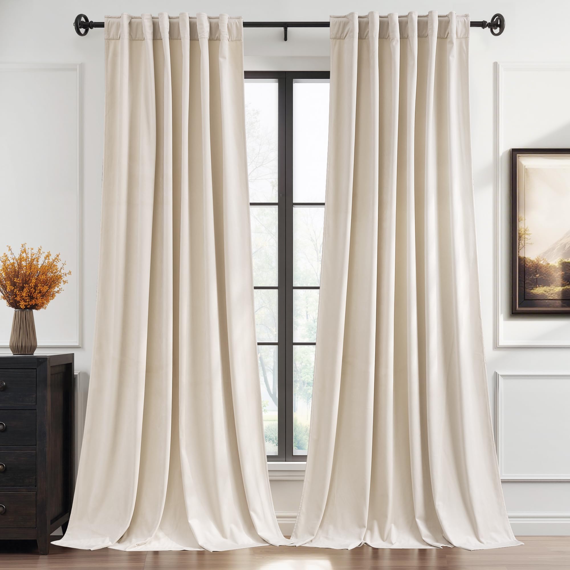 StangH Soft Velvet Beige Curtains，Back Tab & Hook Belt Decor for Bedroom/Living Room, Solid Thermal Window Drapes Light Blocking Soundproof for Home
