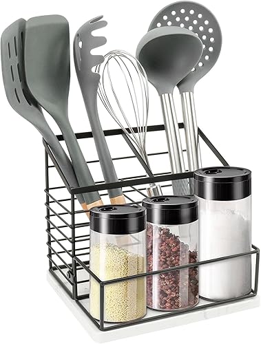 Soporte para utensilios para encimera de cocina, soporte de utensilios de metal con salero y pimentero para encimera de cocina, almacenamiento de