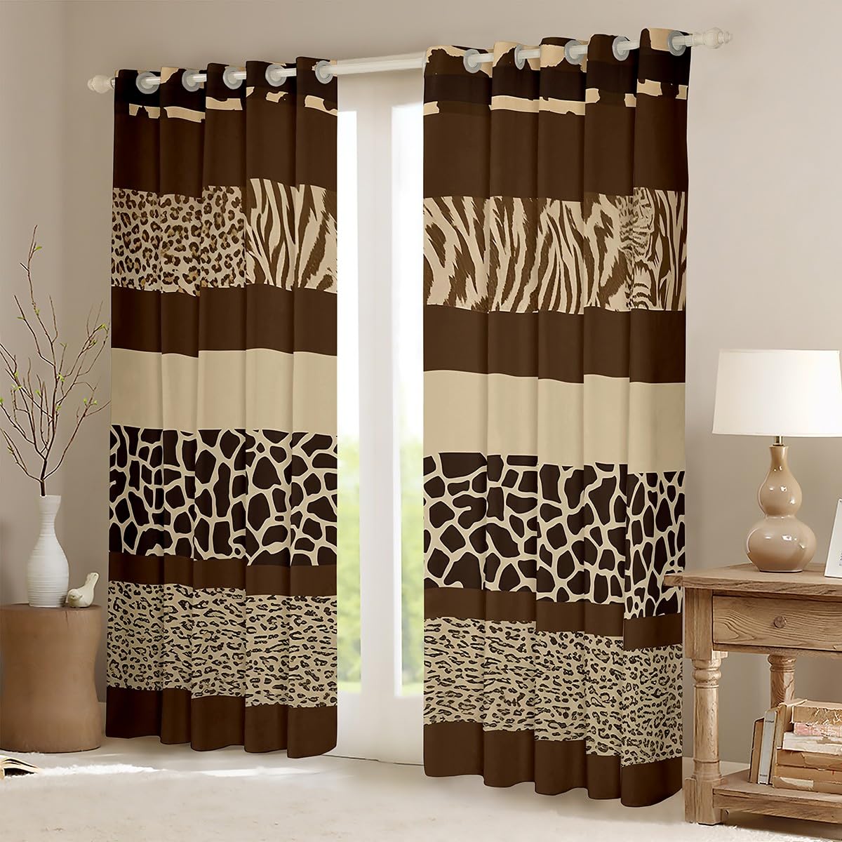 Zebra Stripes Window Drapes Giraffe Print Curtains Brown Zebra Giraffe Skin Texture Window Curtains for Bedroom Room Decor for Kids Boys Girls Zoo Animal Fur Window Treatments, 38x45 Inches,2 Panels
