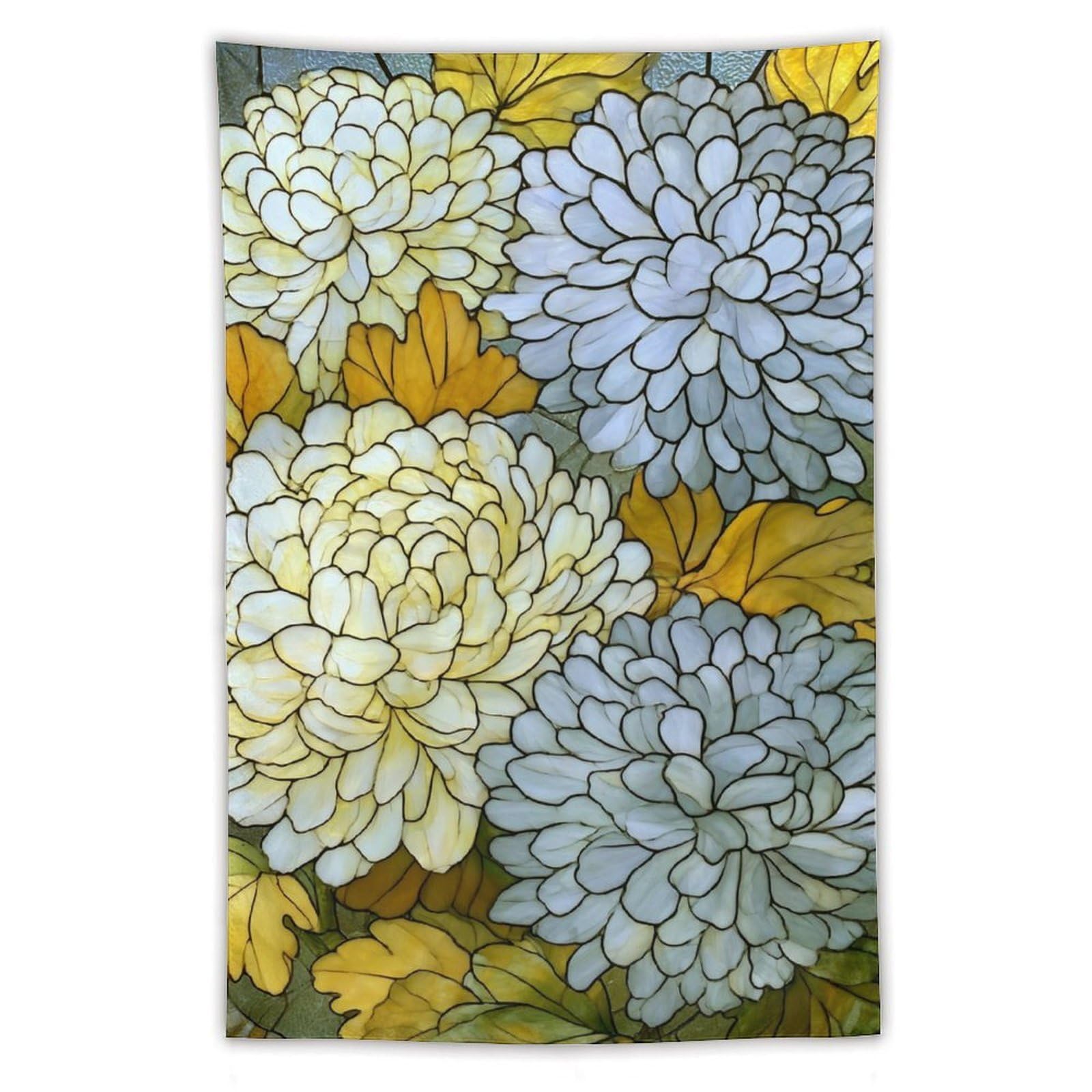 Jubonexis Stained Glass Grey Chrysanthemum Flowers Tapestry Polyester Aesthetic Wall Hanging Bedroom Living Room Dorm Decor 40"x60"