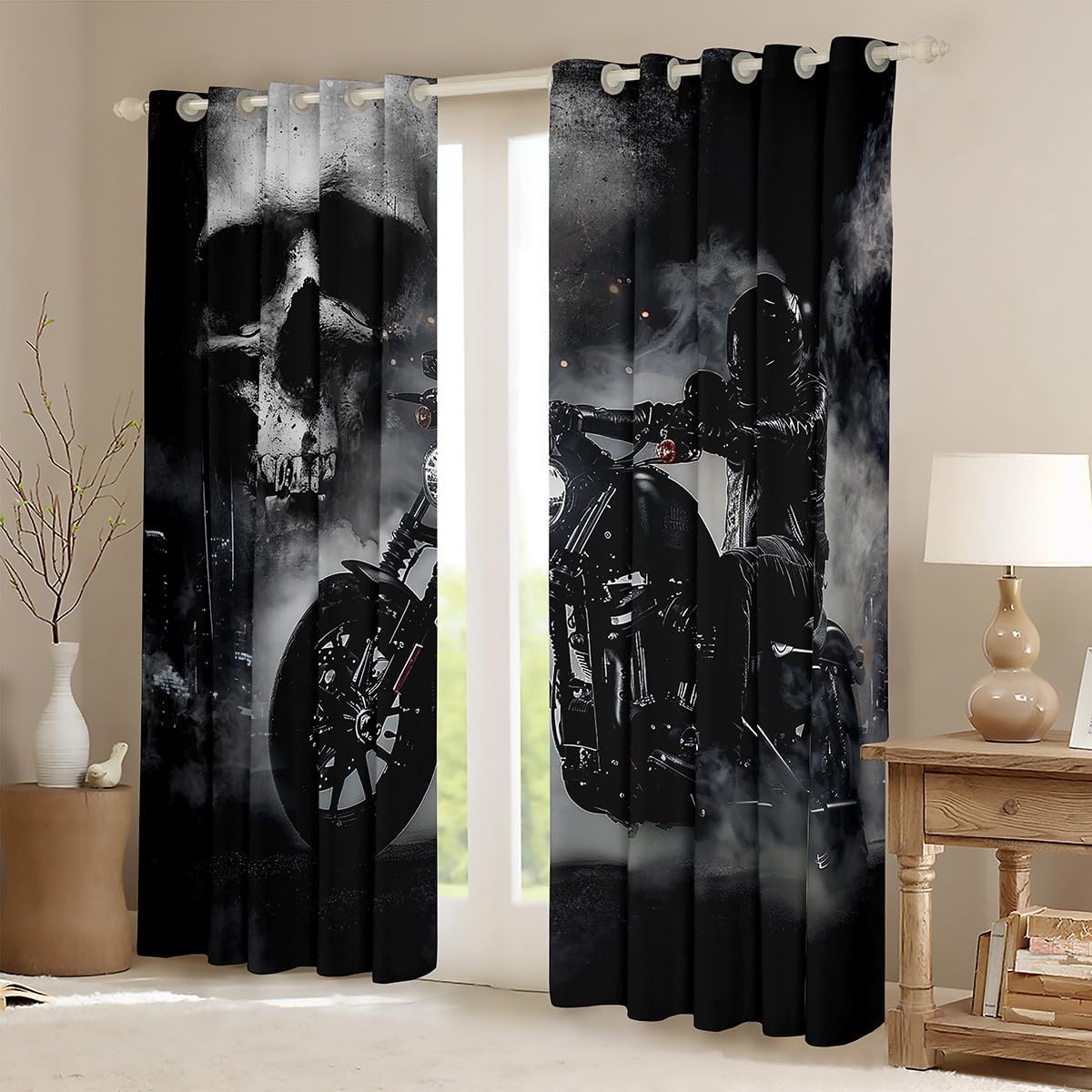 Black Motorcycle Rider Window Curtain Gray Skull and Mist Decor Blackout Curtains Extreme Sport for Boys Teens Men Lightweight Microfiber Polyester for Dorm Bedroom and Living Room, 76Wx45L inch