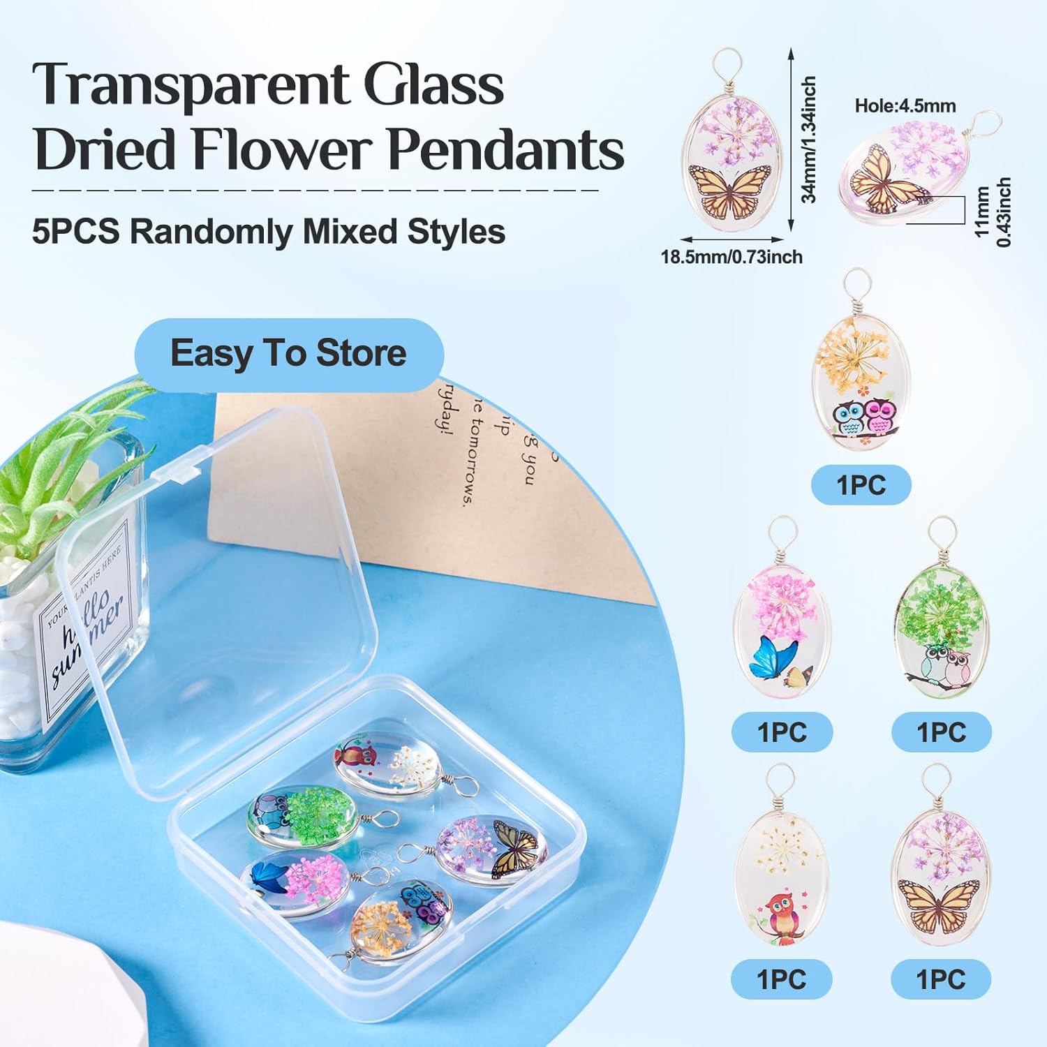 Beadthoven Dried Flower Pendants Transparent Glass Charms Drop Beads Butterfly Pressed Flower Floral Glass Charms Floating Pendants for Jewelry Making Necklace Earrings DIY Craft - Image 2