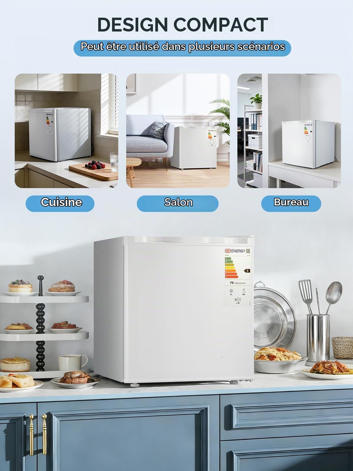 FOHERE Mini Réfrigérateur 46L, Petit Frigo Compact et Thermostat Réglable, Silencieux, Porte Réversible, Faible Consommation d'Énergie, Idéal pour Cuisines, Bureaux et Salons,Blanc