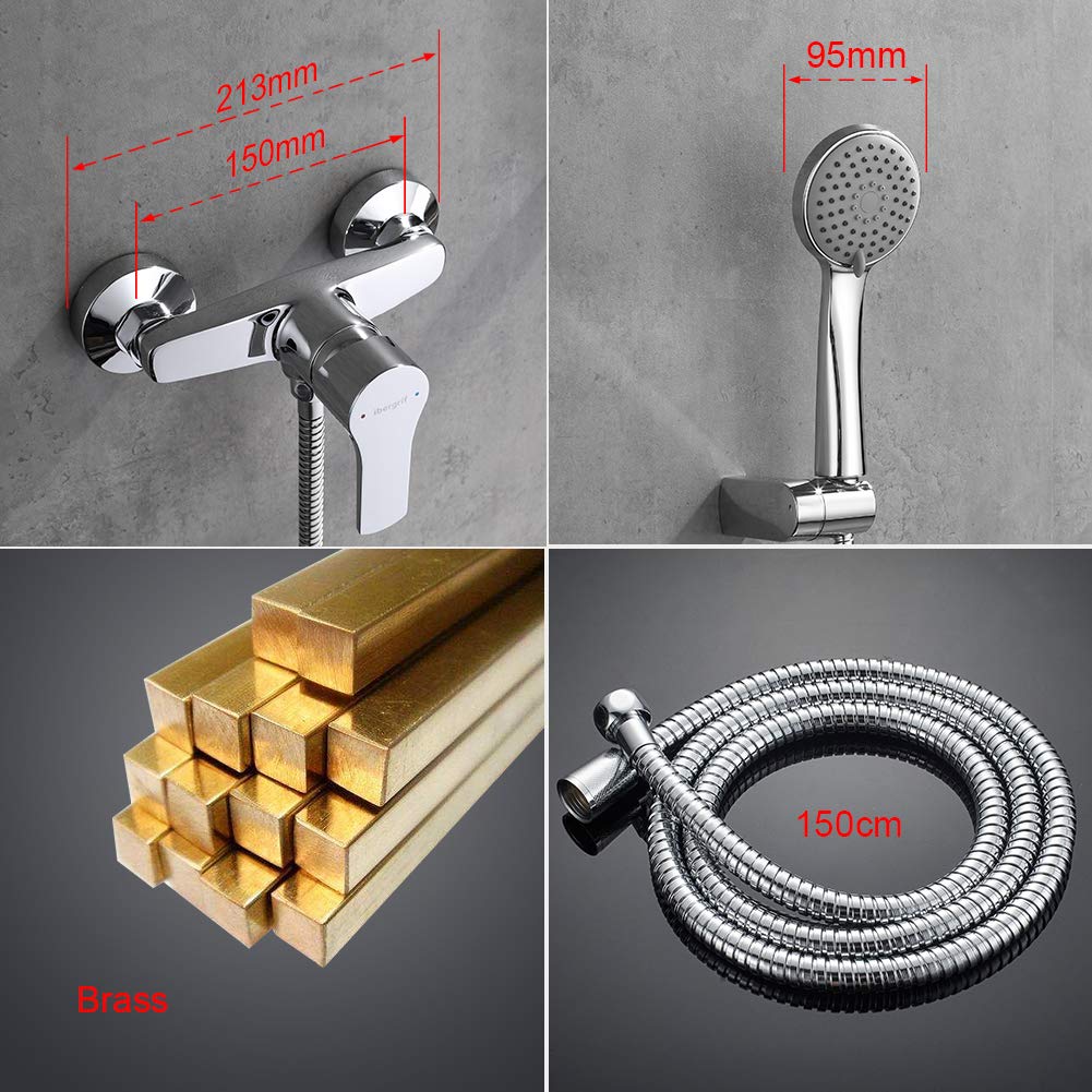 Ibergrif M12057 Miscelatore doccia con soffione, sistema doccia a parete con supporto regolabile e flessibile 150 cm