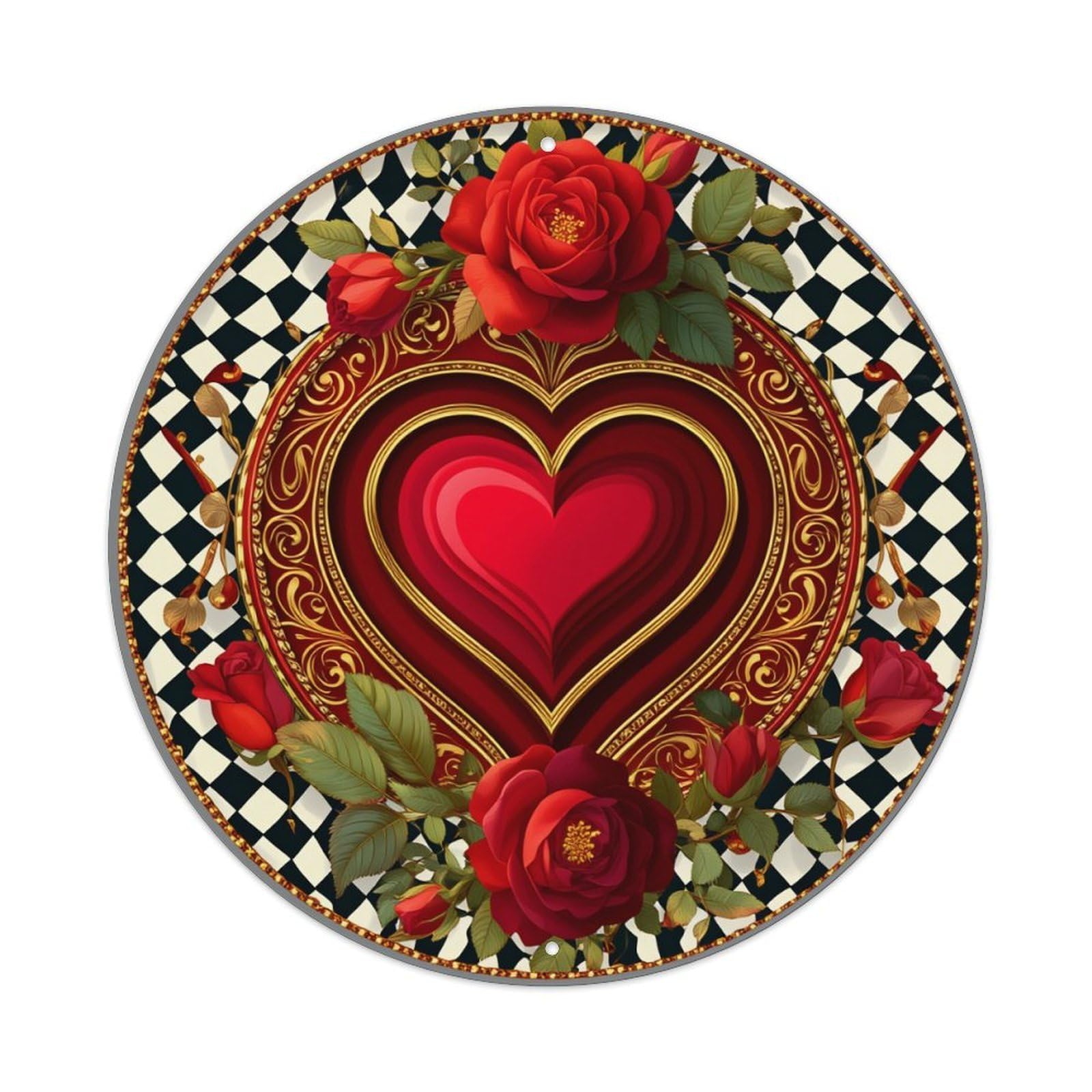 Heart Roses Checkered Gold Ornate Round Tin Sign Vintage Metal Poster, Home Bar Garage Man Cave Cafe Indoor & Outdoor Wall Decoration 8x8Inches