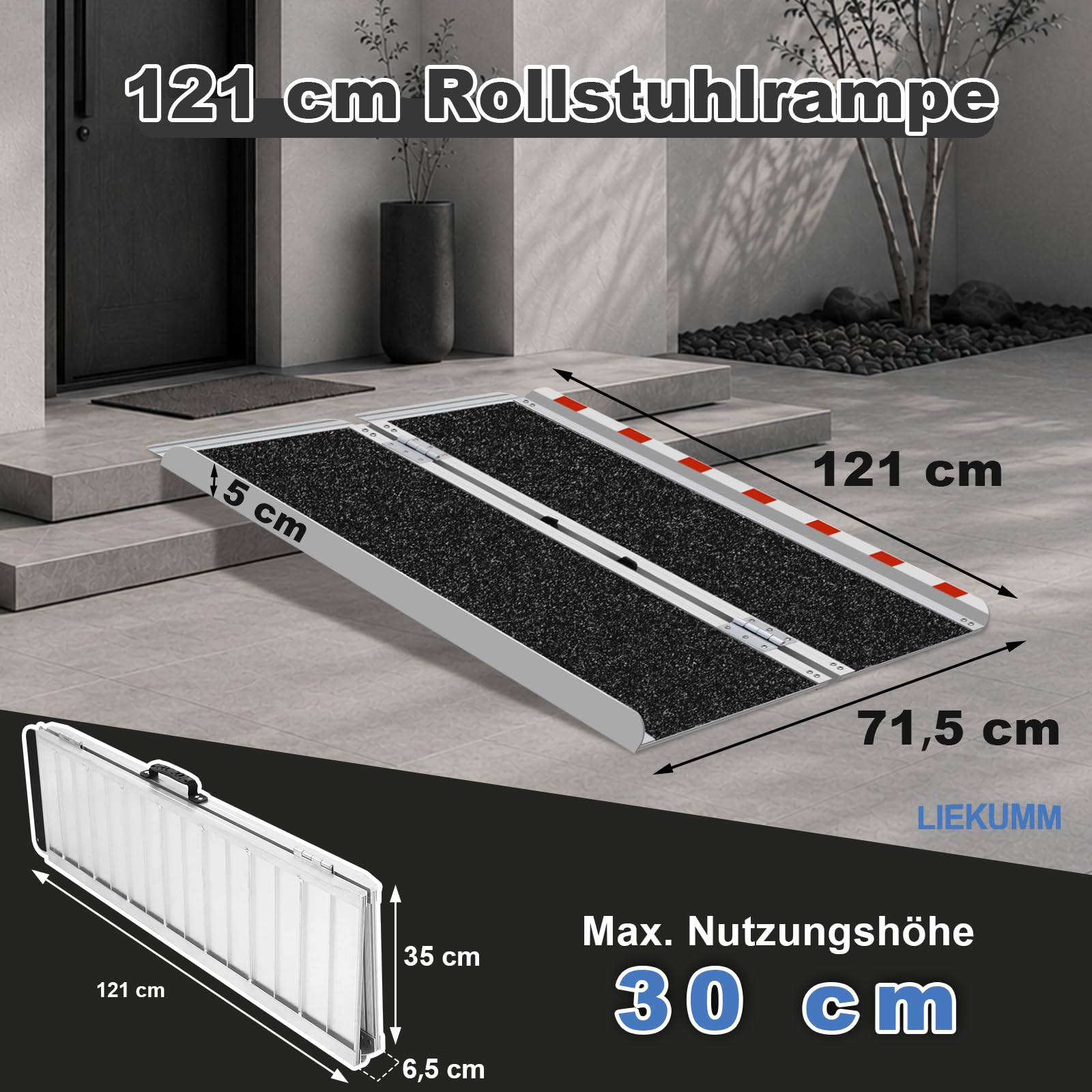 LIEKUMM Rollstuhlrampe 121 cm, 300 kg Tragkraft, rutschfeste Aluminium Rollstuhlrampe Klappbar, Schwellenrampe für Türschwellen, Treppen, Bordsteine, Stufen, Rollstuhl und Kinderwagen