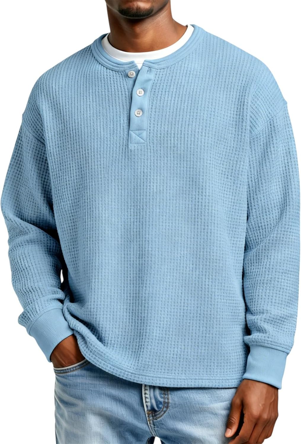 Men Henley Long Sleeve Knit Pullover Casual Crew Neck Lightweight Shirt with Button Placket for Everyday