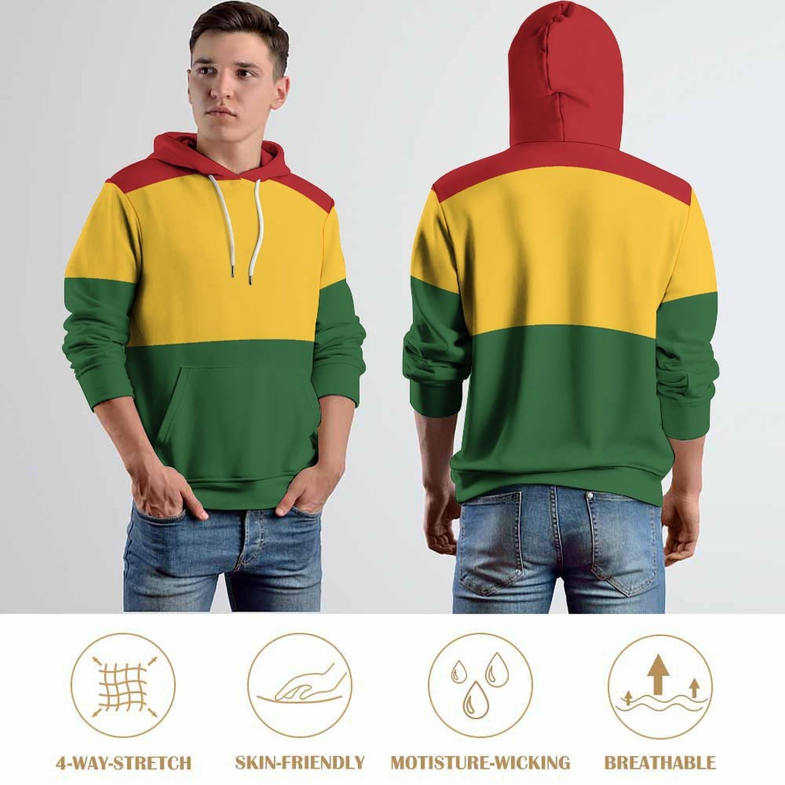Felpa con cappuccio unisex con stampa con bandiera reggae Rasta, comoda, casual, con cappuccio