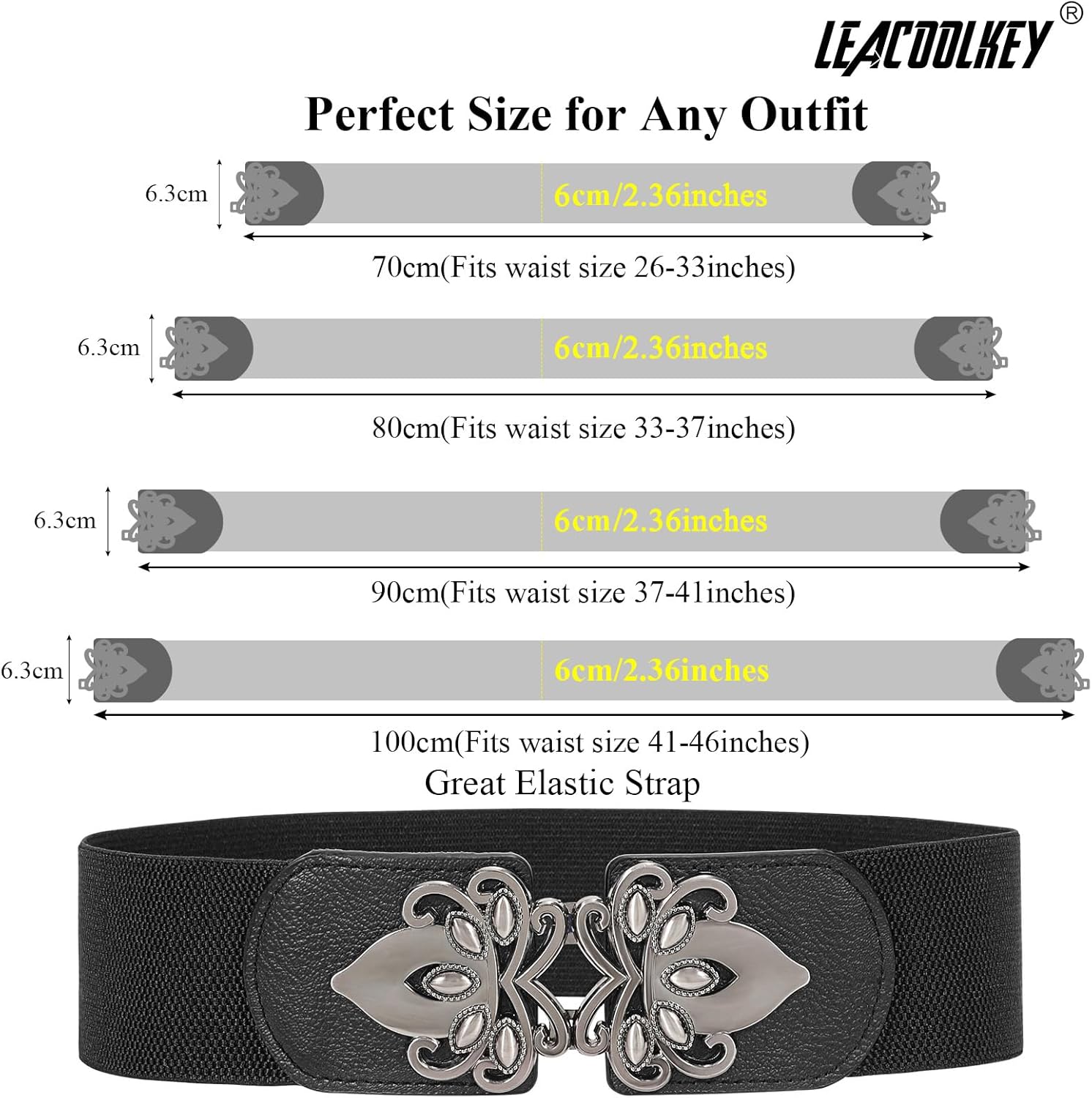 LEACOOLKEY 4 Pack Women Wide Elastic Waist Belt for Dress Plus Size Vintage Stretch Belt Retro Buckle 2.36" Width - Image 6