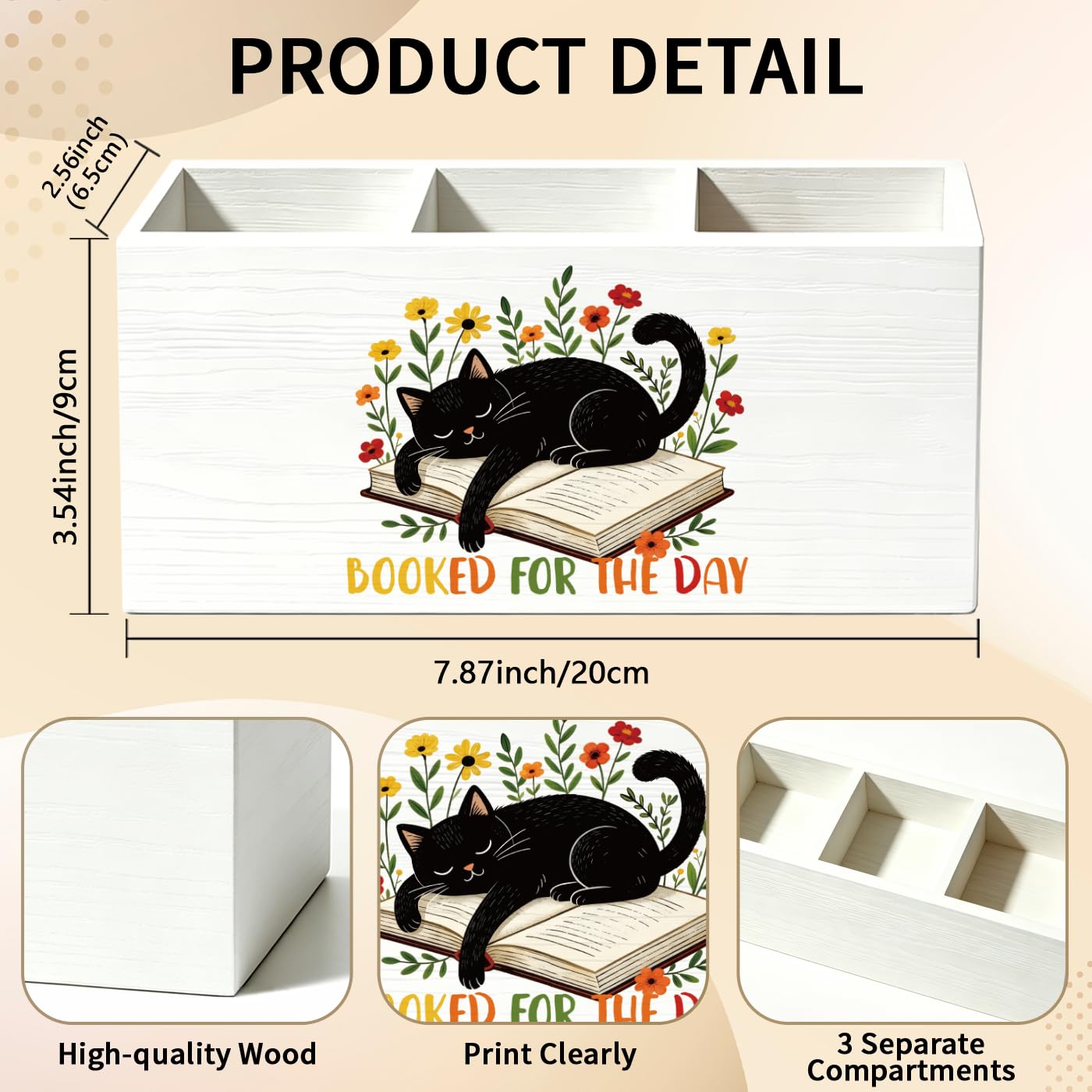 MAYJOYDIY Portapenne in legno Gatto Nero 3 scomparti Organizzatore di matite in legno 20 x 9 x 6,5 cm Conservazione per libri fiori pennelli da trucco per ufficio camera da letto dormitorio