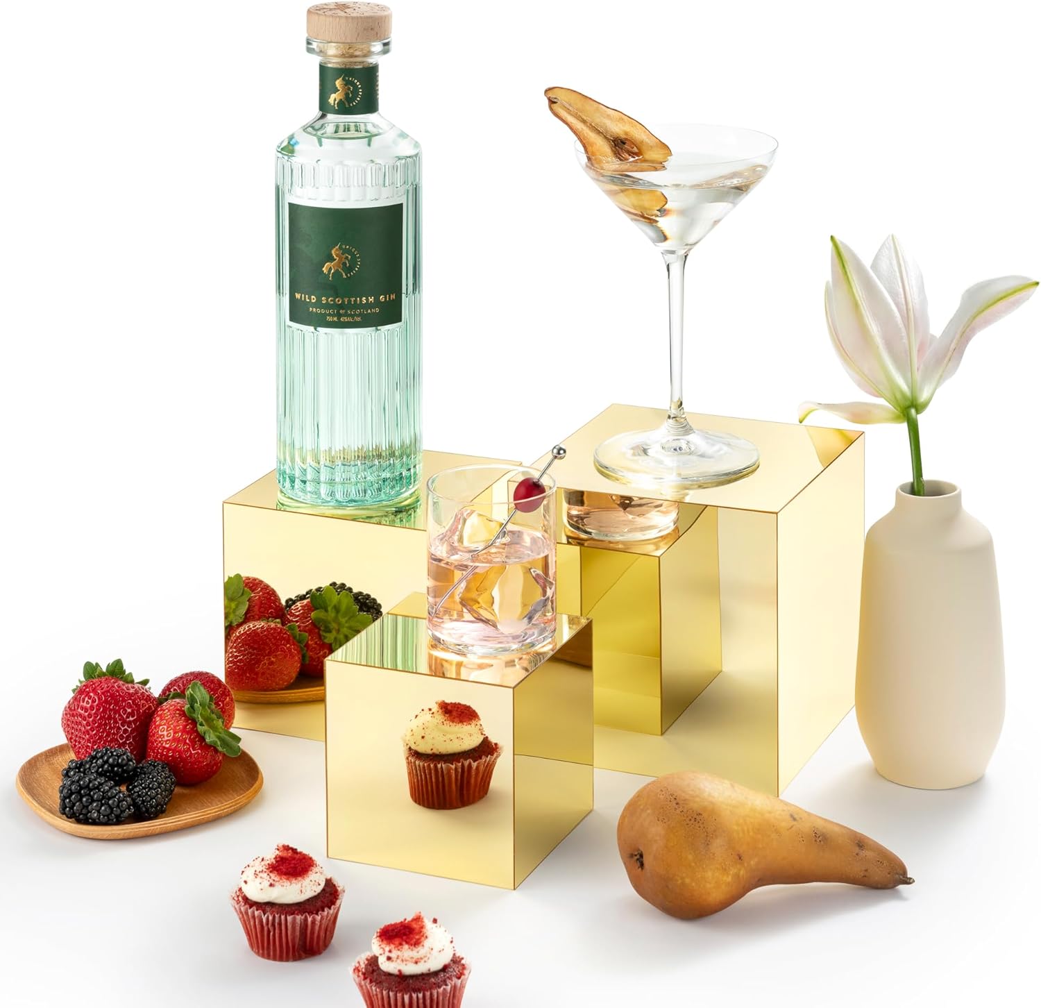 Red Co. Set of 3 Glossy Gold Acrylic Cube Display Nesting Riser Stands with Hollow Bottoms